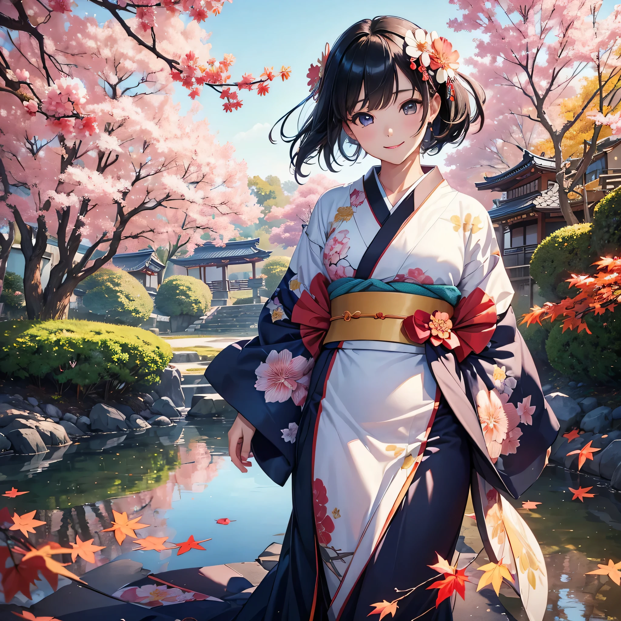 (Super beautiful woman in kimono)、((highest quality、8K masterpiece:1.3))、sharp focus:1.2、(super beautiful face:1.0)、(shiny skin:1.0)、realistic pictures、black haired、video writing、High resolution eyes and face、video writing、japanese actress、from the front、Medium chest、with a happy smile、wearing a kimono、under the autumn leaves、highest grade obi