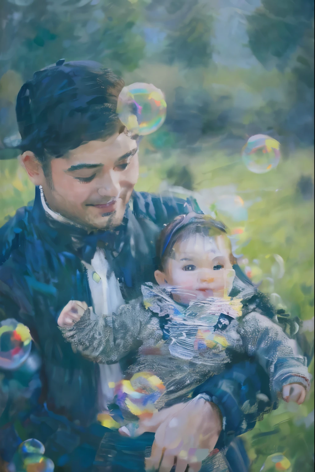 araffe man holding a in a park with bubbles,masterpiece on canvas in the style of Claude Monet, ClaudeMonet,A middle-aged brunette woman, ssmile, Extremely beautiful, Detailed landscape, Hyper-realistic, Elements of symbolism and surrealism, intricatedesign, Foliage, florals, landscape, pastel colour, Blue details, pink details, The woman looked at the audience, Directly on the camera.