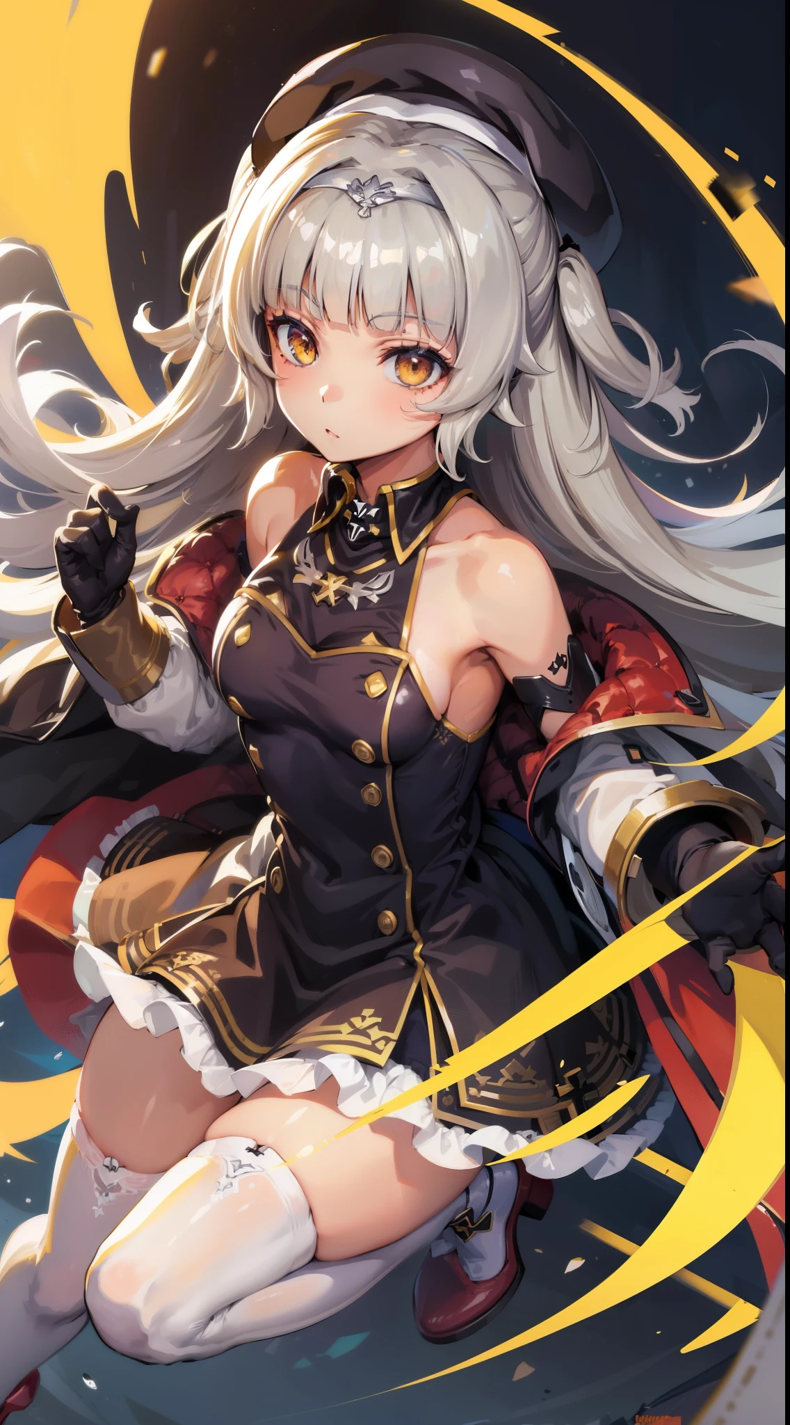 (masterpiece, best quality:1.2), illustration, 8k, 1girl, solo, long hair, bangs, yellow eyes, silver hair, mole, hat, blunt bangs, cross, iron cross, small breasts, beret, brown eyes, dress, elbow gloves, bare shoulders, hair ornament, headpiece, sleeveless dress, white thighhighs, covered navel, brown gloves, high heels, two side up,