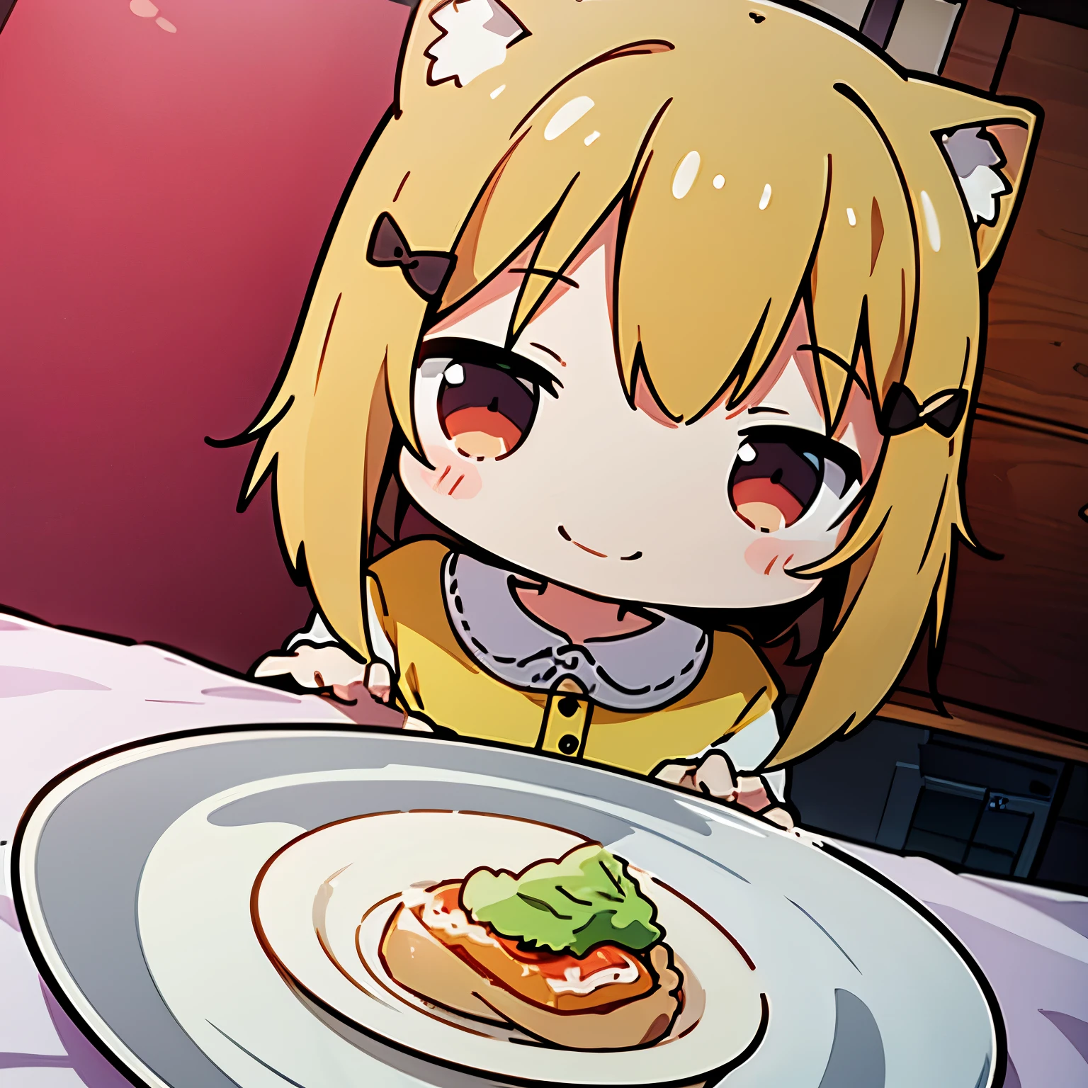 Photoreal、picture of a plate(anime character、chibi girl、smile)