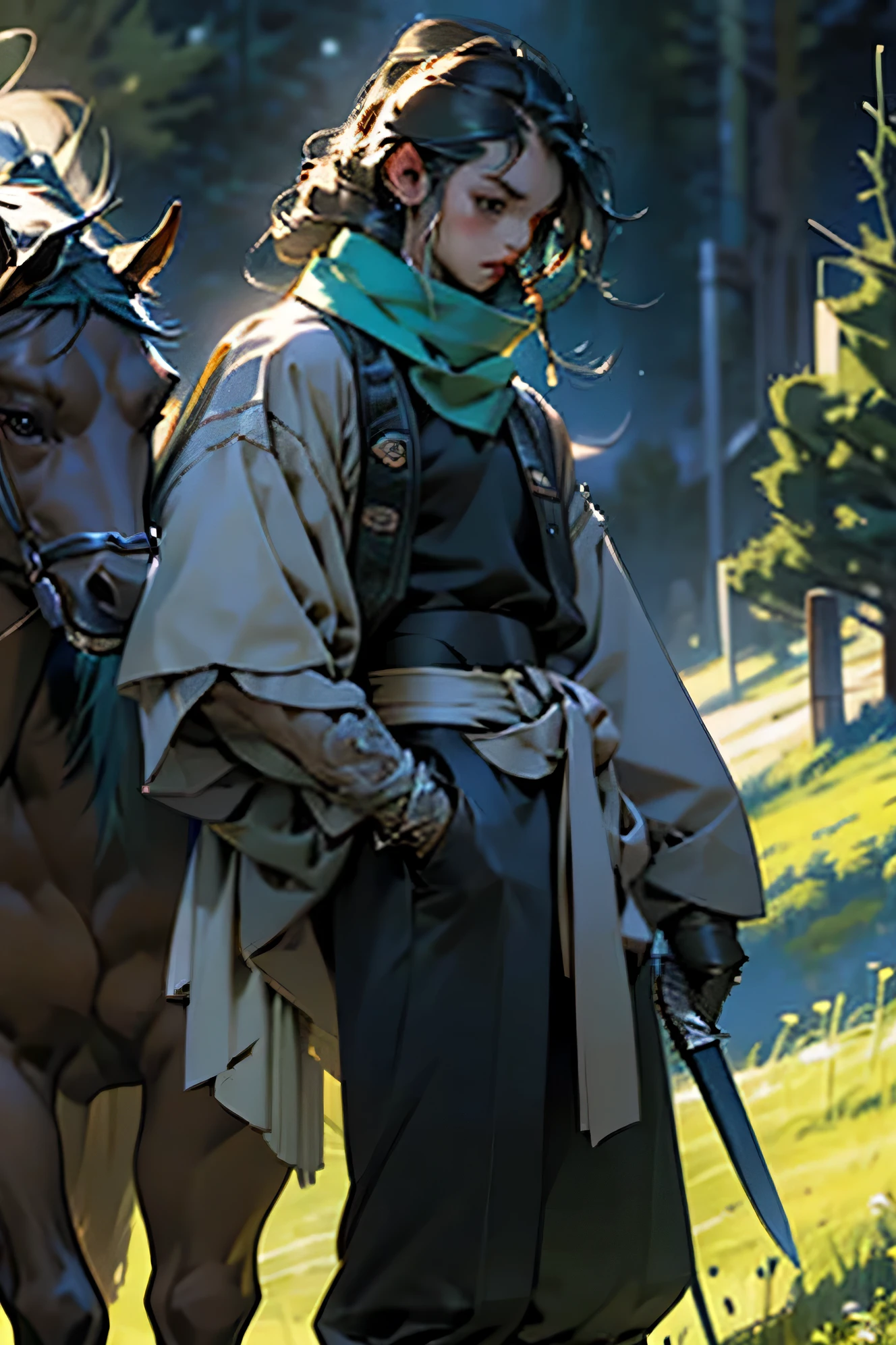 Beautiful woman with long black braids，cyan attire，dark green scarf，brown belt，standing on the grass，Holding a long sword，dark night，There are mountains in the back，There is a horse beside you