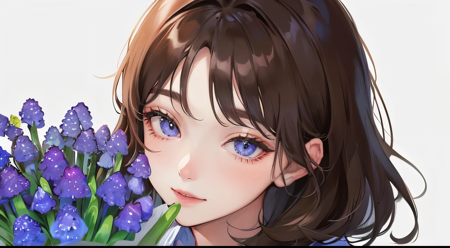 (((1 woman)))、(highest resolution、clear_image)、((holding a bouquet of muscari))), (((white Y-shirt)))、best quality、((perm hair)), (((simple solid color background)))、contrast of light and shadow、((illumination))、very detailed、semi-realistic、brown short hair、mischievous smile、bangs、20-year-old、office　Lady,,young、((View from the front))、delicate facial features facial features、