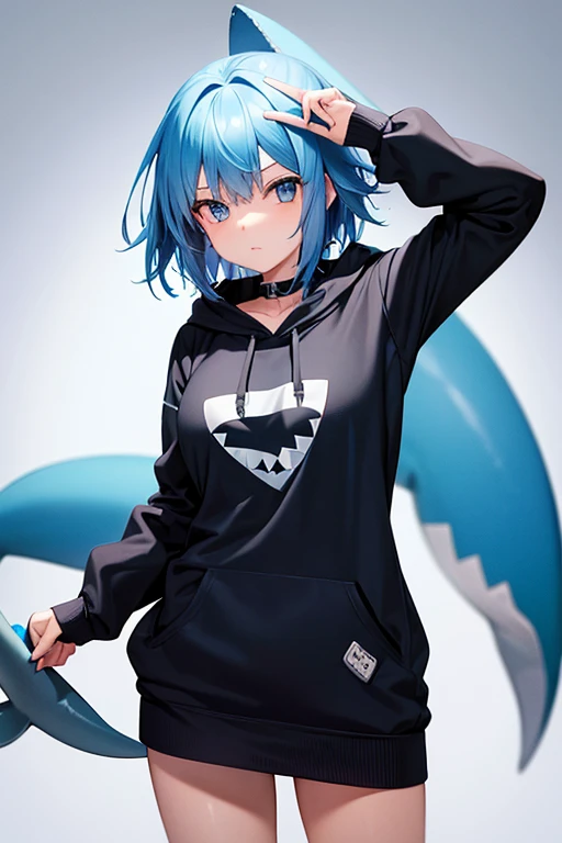 a girl with blue hair blue eyes and a shark tail in a hoodie with a black skirt