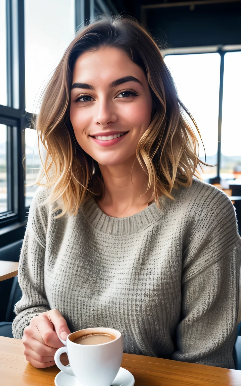 natural dark blonde with beige sweater (Have a cup of coffee in a modern cafe as the sun sets), Sehr detailiert, 30 Jahre alt, Unschuldiges Gesicht, Natural wavy hair, blaue Augen, high resolution, Meisterwerk, best quality, Komplizierte Details, sehr detailliert, scharfer Fokus, detaillierte Haut, Realistisch skin Textur, Textur, detaillierte Augen, Fachmann, 4K, Charming smile, gefilmt in Canon, 85mm, shallow depth of field, Kodak Vision Color, Perfectly fitting body, extremely detailed, Foto_\(Ultra\), photoRealistisch, Realistisch, Nachbearbeitung, Maximale Detailgenauigkeit, Rauheit, wahres Leben, Ultra Realistisch, Fotorealismus, Fotografie, 8K UHD, Fotografie