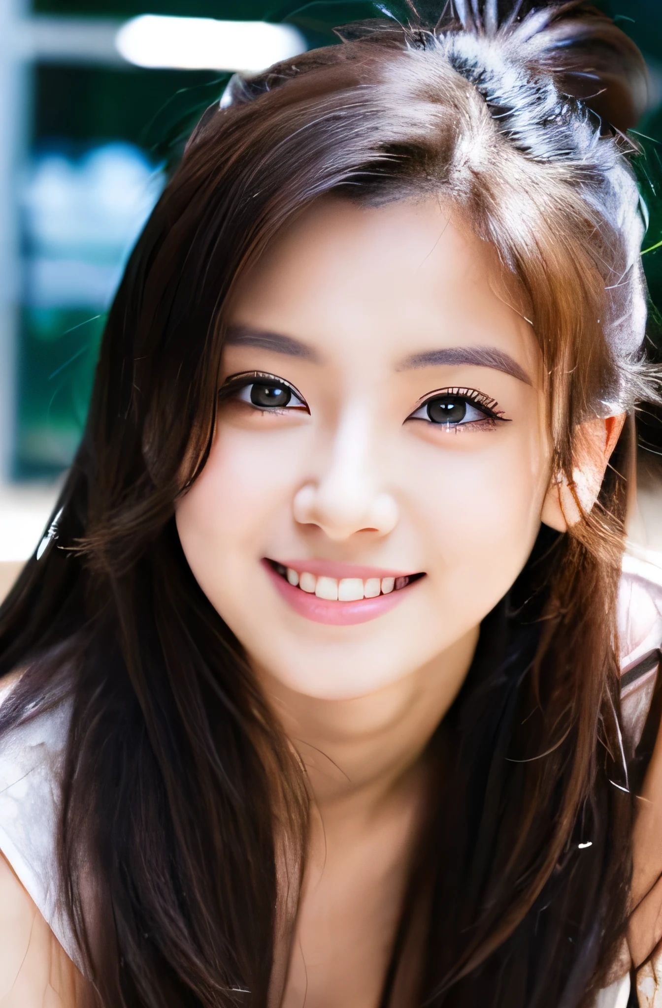 nude,19 year old beautiful girl, Big eyes, Glamour, 8k, highest quality, (highly detailed head: 1.0), (highly detailed face: 1.0), (very thin hair: 1.0), Highly detailed official artwork, anime moe art style, Clean detail art, smile, ponytail, Japan人のかわいい女性,very big breasts ,Japan,beautiful breasts,looking at camera,pool