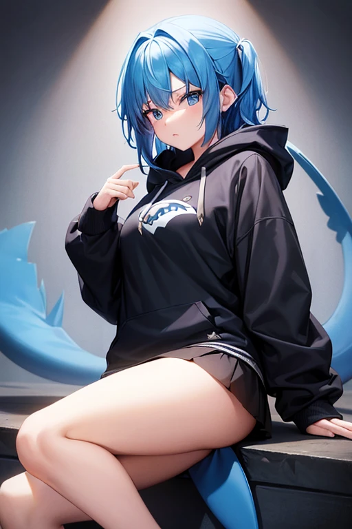 (1 girl), ((fang)), blue eyes, ((vertical pupil eyes), blue hair, ((hooded pajama, hood, hood up, bat pajama)), ((half undress)), short hair, ultra-detailed, extremely detailed, (masterpiece, best quality), rem, re zero, large breasts, bedroom, bed, light