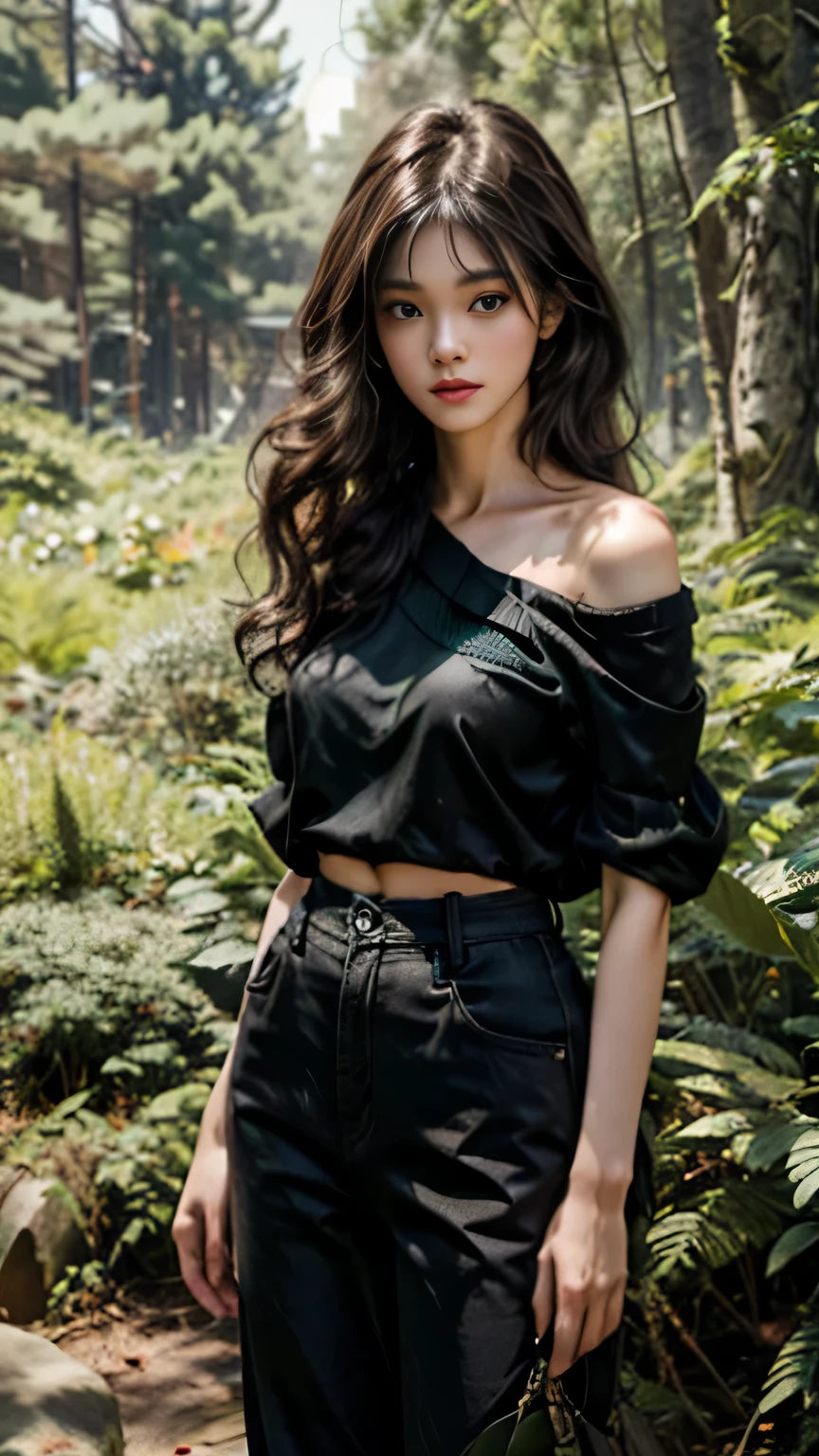 8k, best quality, masterpiece, highly detailed, semi realistic, a girl, 20 years old, long dark brown hair with bangs, curly hair, green eyes, (black Japanese style cut clothes), (white pants), (bare shoulders), details, feminine and sensuality figure, cold expression, outdoors, forest background, with many trees and dark sky