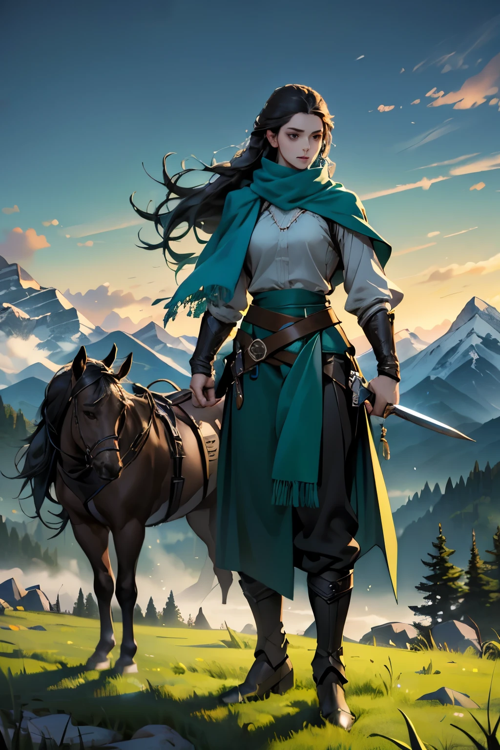 Beautiful woman with long black braids,cyan attire,dark green scarf,brown belt,standing on the grass,Holding a long sword,dark night,There are mountains in the back,There is a horse beside you
