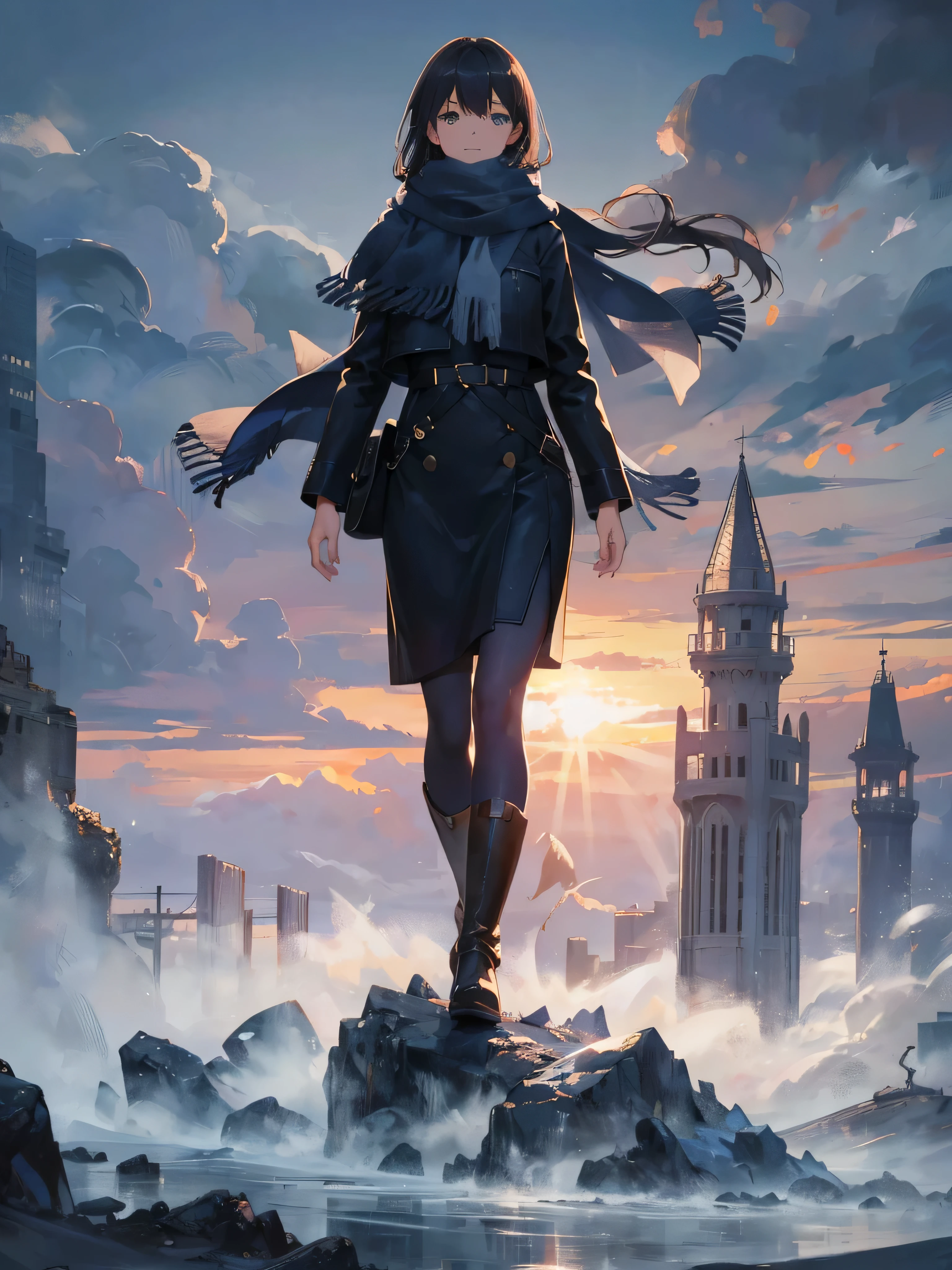 8k, highest quality, masterpiece, realistic, Super detailed, photo realistic, Improvement of quality,
girl pictures, Standing in the field with a scarf, In a dark and gloomy designer style, volumetric mass, photo tower, calm face, jagged edges, navy, beauty of nature, close, ultra textured leather