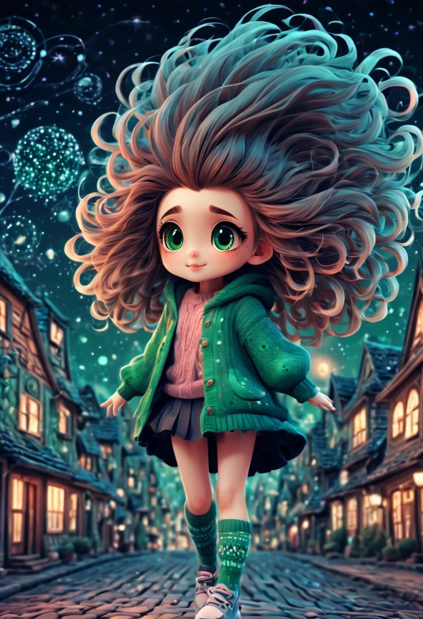 (best quality, highres, ultra sharp), (magical cute girl:1.2). with (((exaggerated hair, huge fluffy hair, expanded hair, exagerated voluminous hair))), small freckles, green sweater with small dots, details, horsehair, fluffy, socks, magic background, cute art deco buildings, flowing lines, clean and crisp outlines, zentangle hair style, zentangle, starry sky, 3d crunch, cinematic, (full body with long legs:1.1), from head to shoes, multiple sides view,