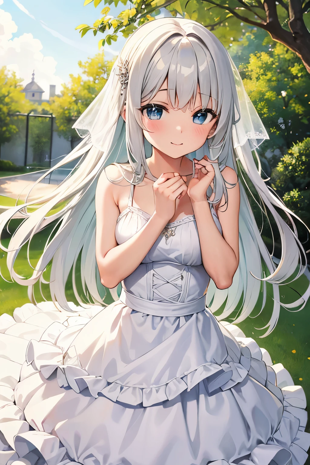 Cabello largo plateado, ojos verdes, wedding dress, white clothes, flat breast, sonrisa, happy, guantes largos, muslos hermosos, garden, deshabitado