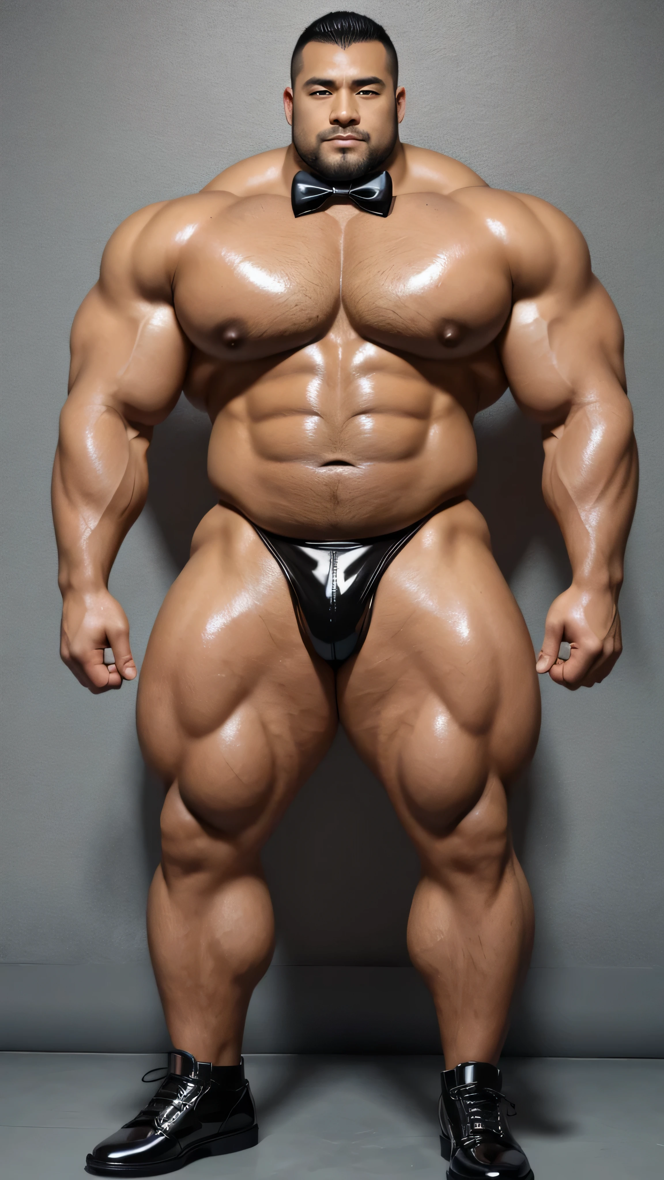 There is only one person in the picture，一位中国bodybuilding运动员，30 years old，High, bodybuilding，standing in front of gray background board，Paired with glossy black leather bow tie，short hair, O-shaped beard，Perfect body, Dark and shiny complexion，Muscle bulge, muscular, Very big pecs，Very sexy abs，Leg muscles are very developed，High and burly，Huge bumpy area，Brighten oily skin，Black leather shiny leather gloves, Wearing a gold leather shiny thong, Wear black leather shoes to shine，handsome face，Detailed facial features, Correct and accurate male anatomy, full-body shot, Large pecs, Wet oil wax gloss for oily muscles and skin，Professional photography。