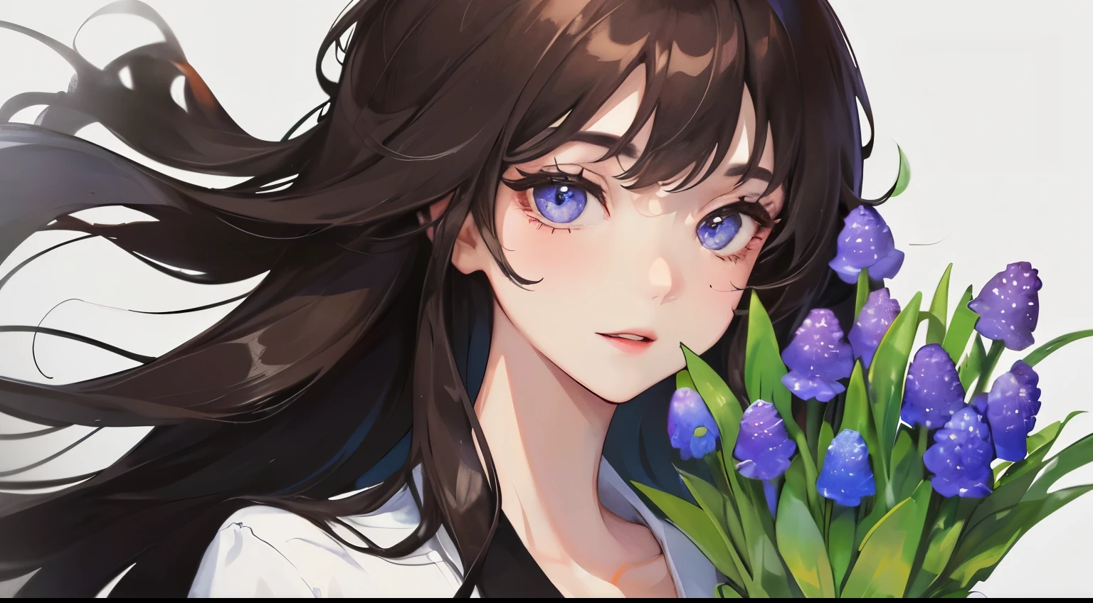(((1 woman)))、(highest resolution、clear_image)、((holding a bouquet of muscari))), (((white Y-shirt)))、best quality、((perm hair)), (((simple solid color background)))、contrast of light and shadow、((illumination))、very detailed、semi-realistic、brown short hair、mischievous smile、bangs、20-year-old、office Lady,,young、((View from the front))、delicate facial features facial features、