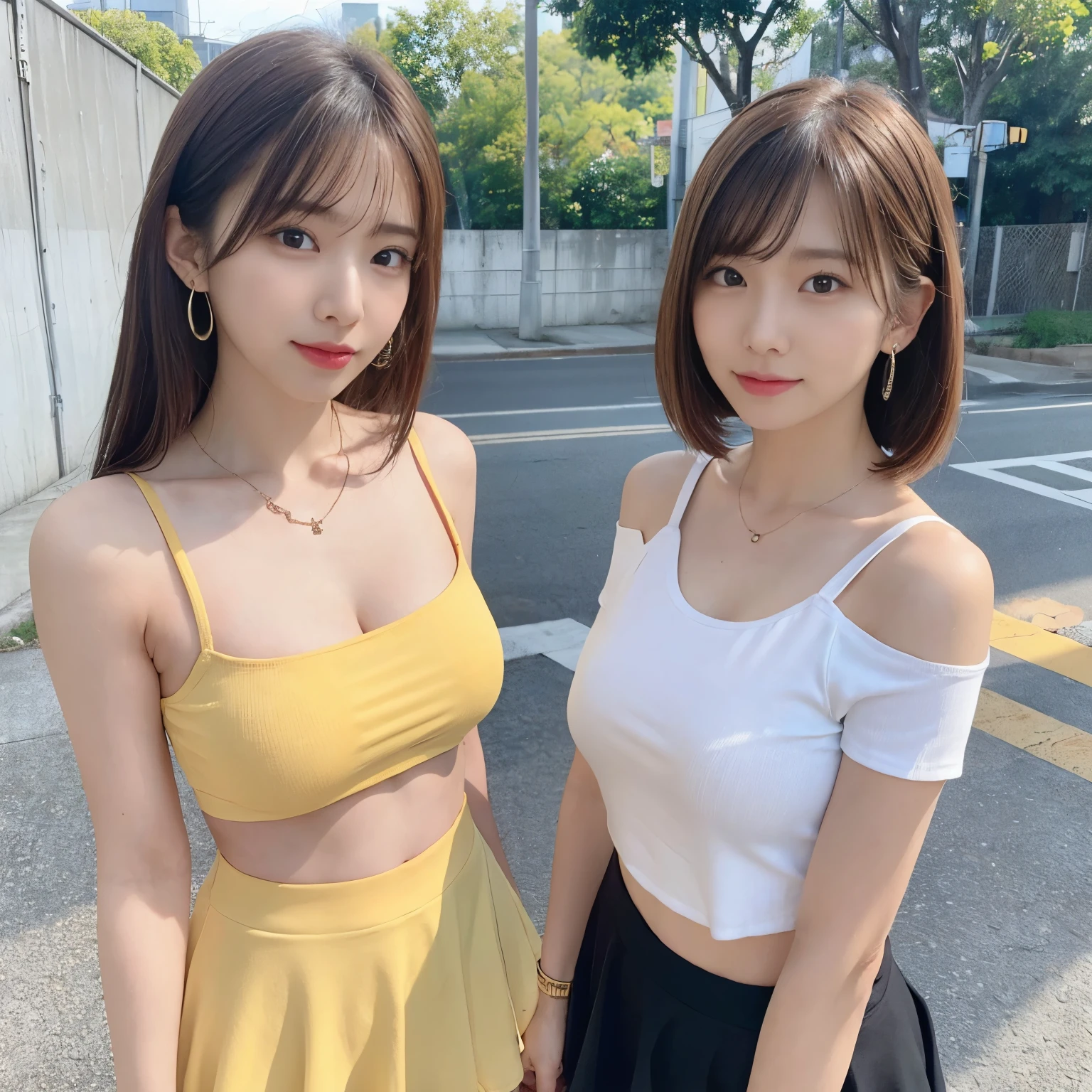 (8k, RAW photo, best quality, masterpiece:1.2), (realistic, photo-realistic:1.4), (extremely detailed 8k wallpaper),
professional lighting, Warm Tone Lighting,
sharp focus, depth of field, blur background, bokeh,
full body, from behind,
Japanese high school girl, slender, thin,
Waving hand,
River,
day,
Shiny hair, long wavy hair, light brown hair,
Yellow  T-shirts, , white mini skirt,
fancy earrings, necklace, watch, bangle, wrist cuffs,
Joyful,