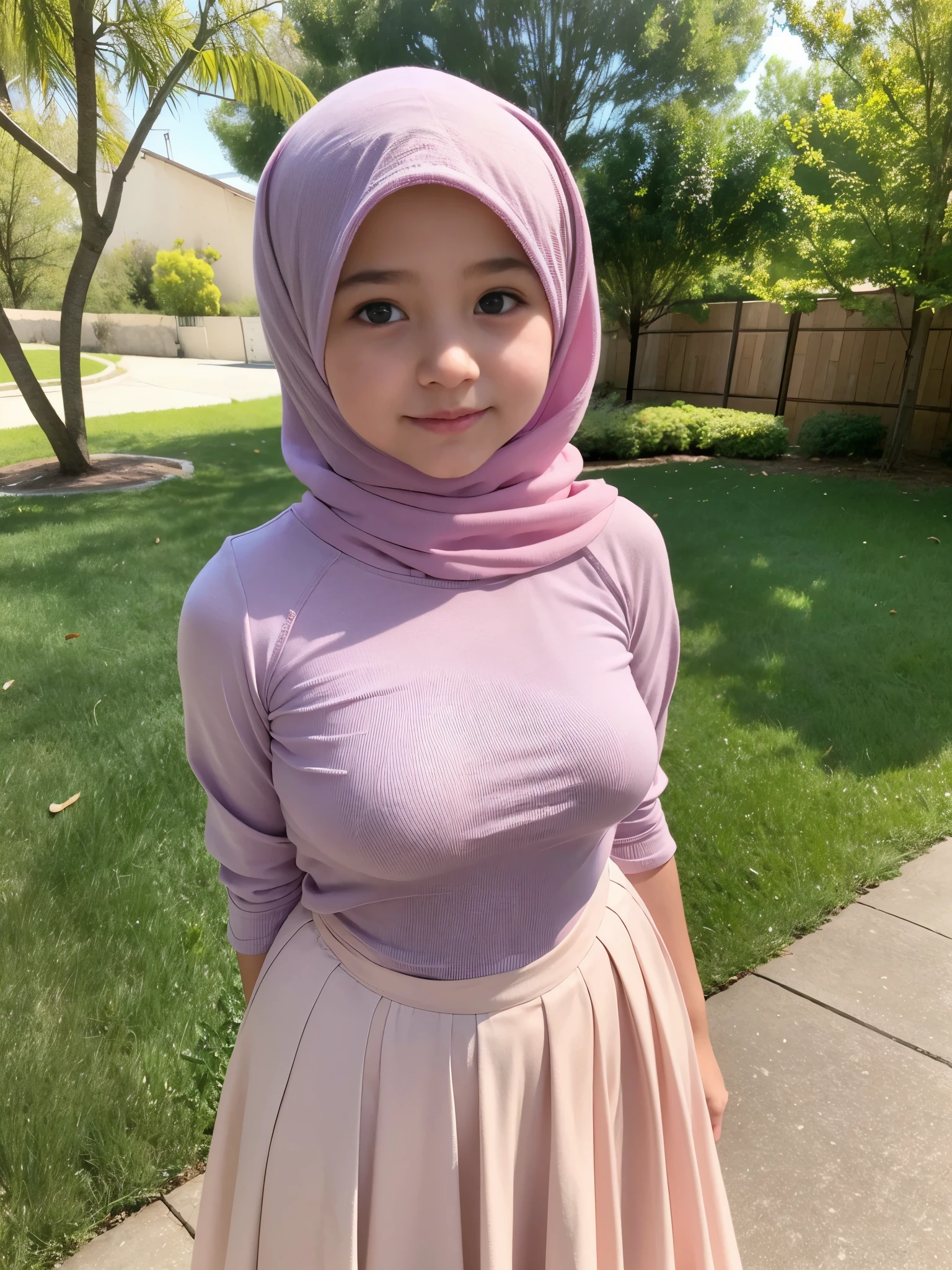 adorable, 1 girl, , baby face, s full body portrait, (face details: 1), (eye details: 1), ((medium breasts)). wearing pinky long shirt, long skirt, modern hijab colorful, (large breasts)... Cute posed. proportional body. Ultra High Res. realistic: 1.4, UHD