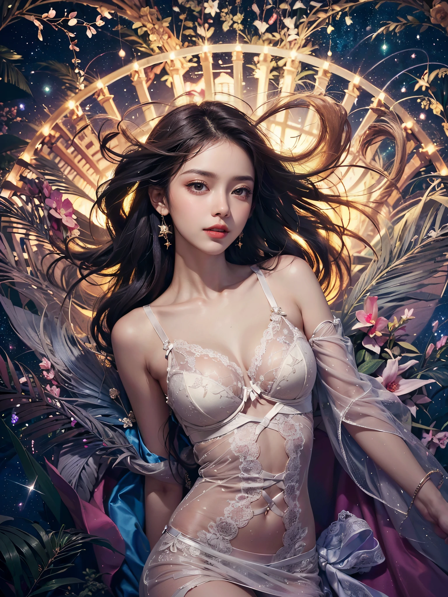 (best quality color photo of a mysterious beautiful woman in luxury lingerie on a fashion magazine cover, haute couture fashion shoot:1.2),(An extremely delicate and beautiful work:1.2), elegant pose, glamorous fashion pose, (the divine light, with neon lights, grand background, starry sky background:1.3), simple background, art nouveau, focus on art nouveau suit, luxury fashion,(she is the embodiment of beauty and allure, asian beauty, asian actress), (very delicate lace lingerie, sexy lingerie, elegant and sophisticated fashion, her flowing hair cascades gracefully, perfectly complemented by tasteful and elegant makeup:1.2), black hair, detailed face, looking at viewer, detailed eyes, black eyes, lustrous lips ,cleavage, nipple ,camel toe, skinny physique, beautiful figure, Perfect female body, (large breasts), Gentle and enigmatic expression, High color saturation, surrealism , (best quality, masterpiece, ultra detailed, ultra high res, photorealistic, raw photo, absurdres, absolutely resolution:1.4),