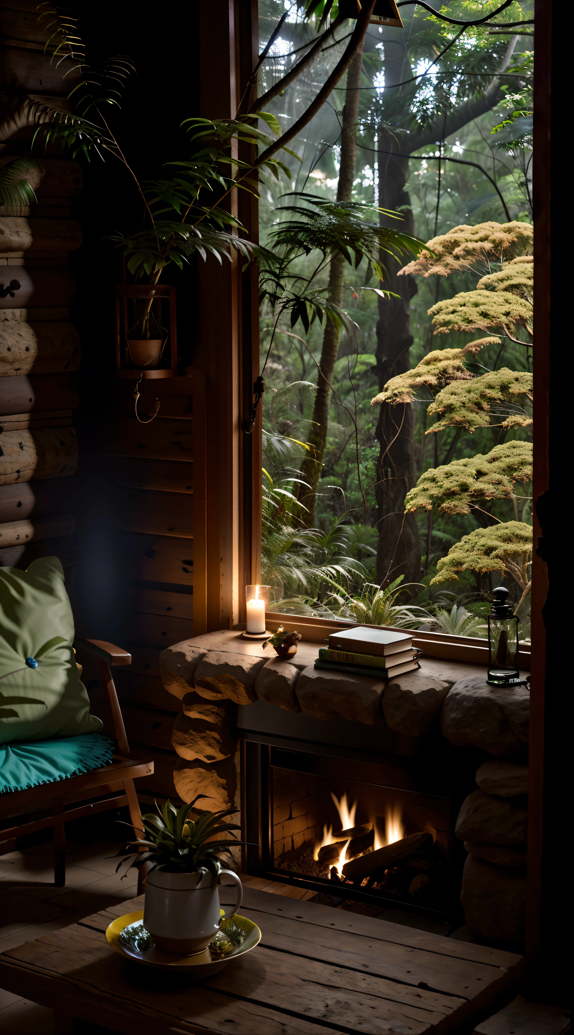 Sala de estar com vista para uma montanha e uma floresta, mountainous jungle setting, jungle setting, Como uma cena de Blade Runner, magical ambiance, pintura escura ultrarrealista, em um ambiente de selva, pleasant environment, floresta nublada, Selva bonita, ambiente mal-humorado, Selva exuberante, Inside an alien jungle, Plantas e selva, montanhas da floresta tropical, ambiente relaxante