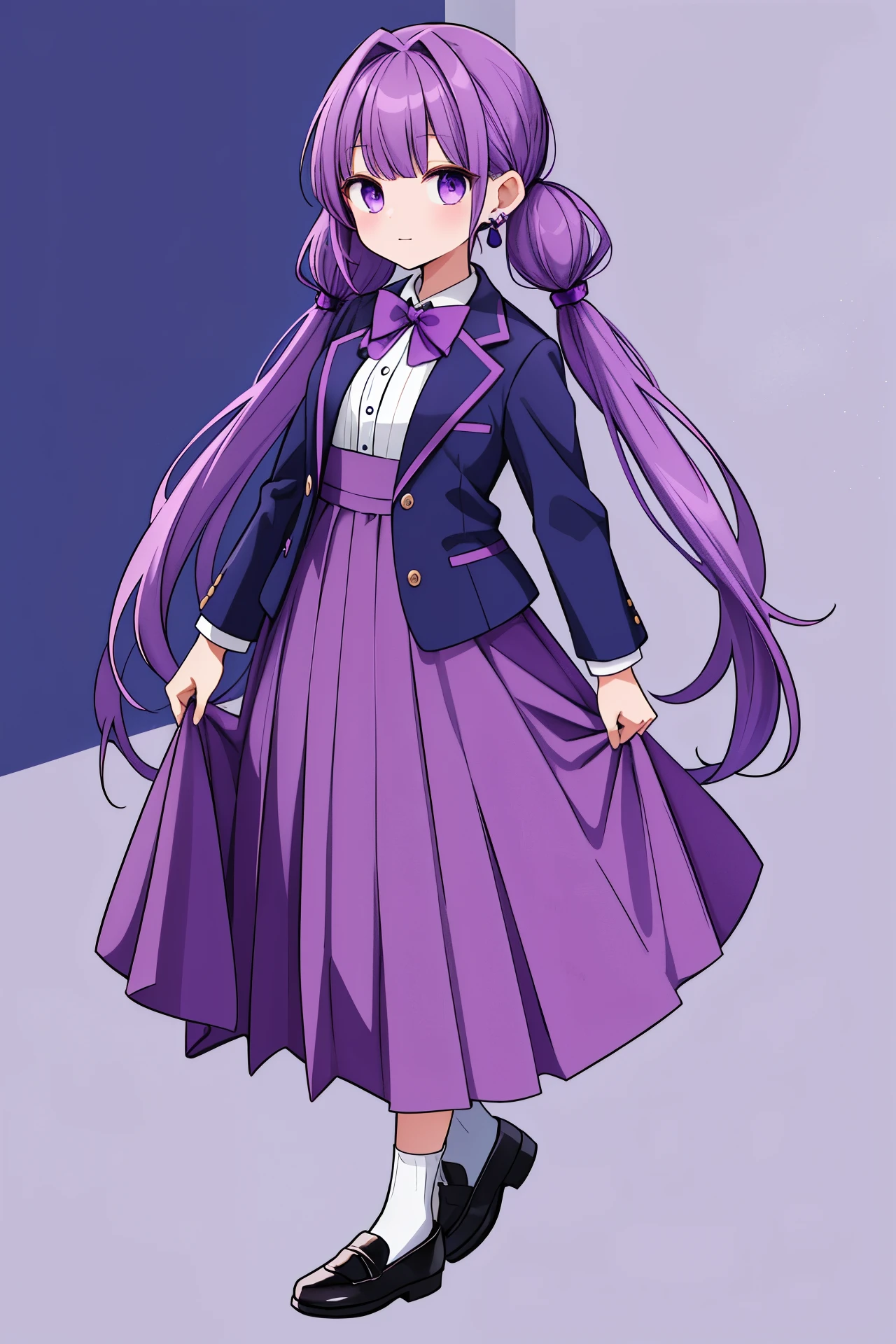purple hair、purple maid outfit、blazer、half twin tail、long hair、long skirt、loafers、facing forward、Full body portrait、3 earrings、purple eyes