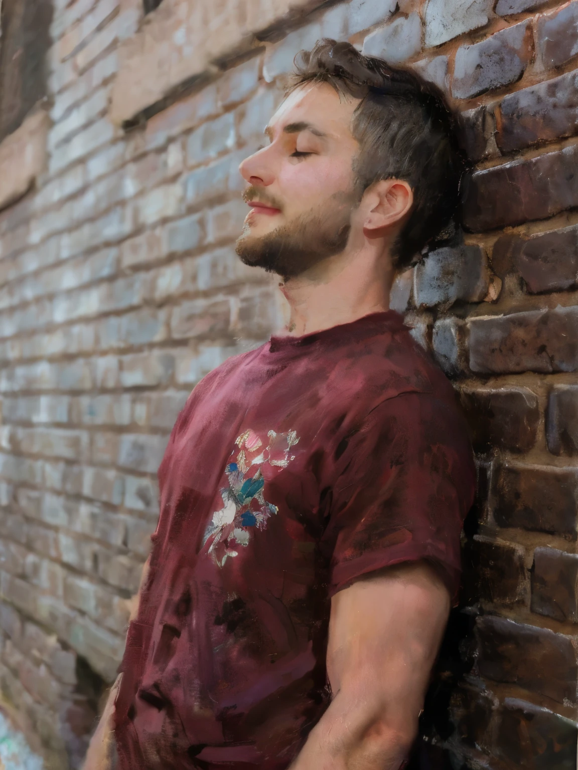 arafed man leaning against a brick wall with his eyes closed,masterpiece on canvas in the style of Claude Monet, ClaudeMonet,A middle-aged brunette woman, ssmile, Extremely beautiful, Detailed landscape, Hyper-realistic, Elements of symbolism and surrealism, intricatedesign, Foliage, florals, landscape, pastel colour, Blue details, pink details, The woman looked at the audience, Directly on the camera.