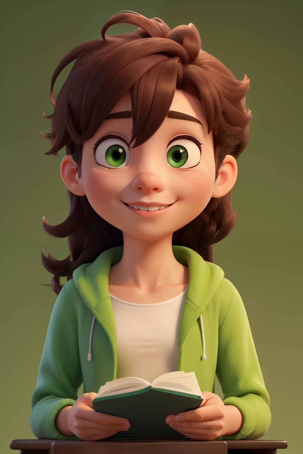 a student is studying，green background，