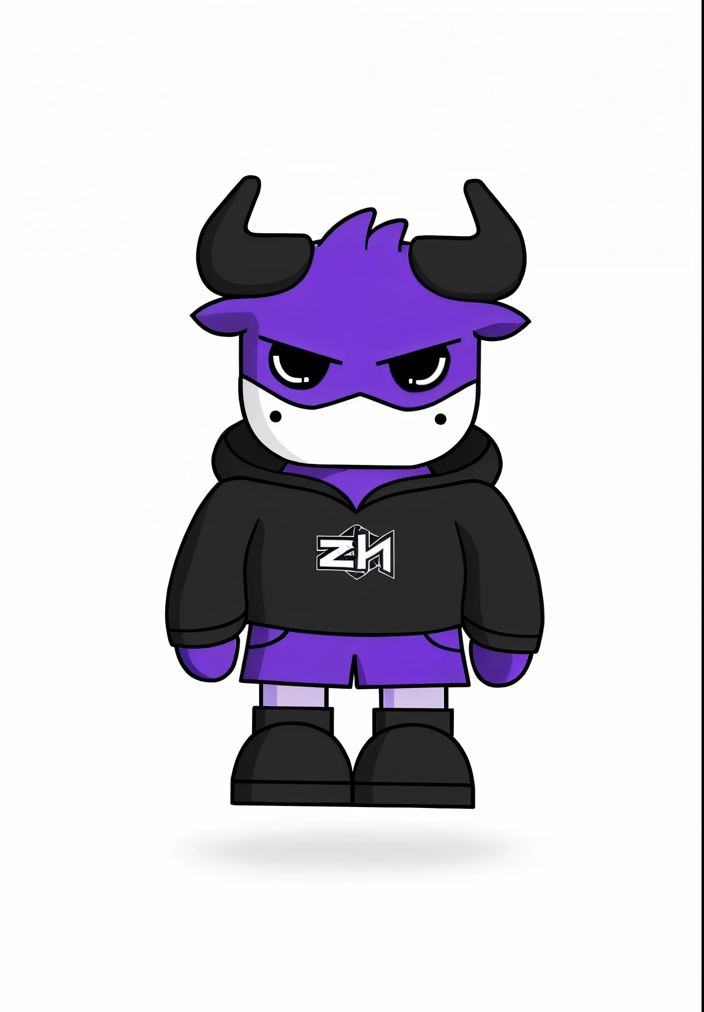 cartoon character of a purple and black bull existearing a black hoodie, 受arrive朱达的启发, zumidraexists, full body mascot, Zeronis style, mascot illustration, Zeronis, Zach Hill, you were before, Zavush, artexistork in the style of z.exist. arrive, 2D sprite, 2D rendering