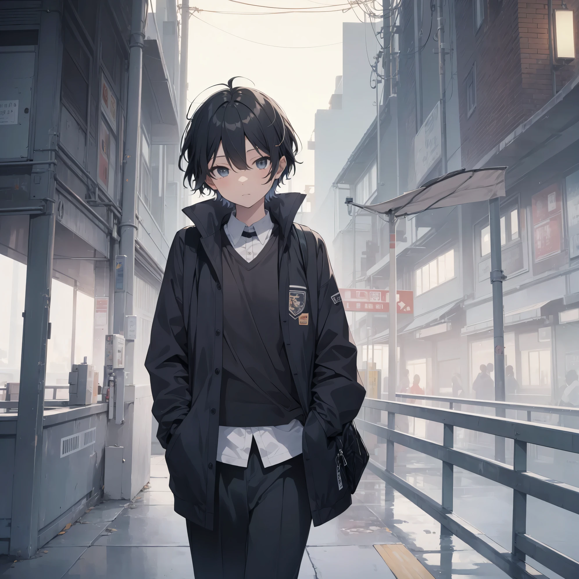 Ultra-highest quality by the art god, super detailed, High resolution, anime moe art style, Best Anime 8K Kona-chan Wallpaper, pixiv contest winner, perfect anatomy, break,(眠そうにalone学校へ行く女の子を描いてください. )break,1 girl, (alone,little woman, , :1.3),All limbs, full finger,, The charm of an immature body, (very short hair), bangs, bow, flat chest, Because I'm slender, thin body, small ass, between legs, small black eyes, detailed and beautiful eyes, Well-proportioned iris and pupils, expressive eyes, High resolutionの詳細な髪, ribbon, skirt, collared shirt, neck ribbon, pleated skirt, school uniform, shirt, white shirt, school bag,(detailed lighting), (detailed background), On the way to school. break,super dense skin, Best lighting by famous artists, 8k, cute illustration,Hmm, rough skin