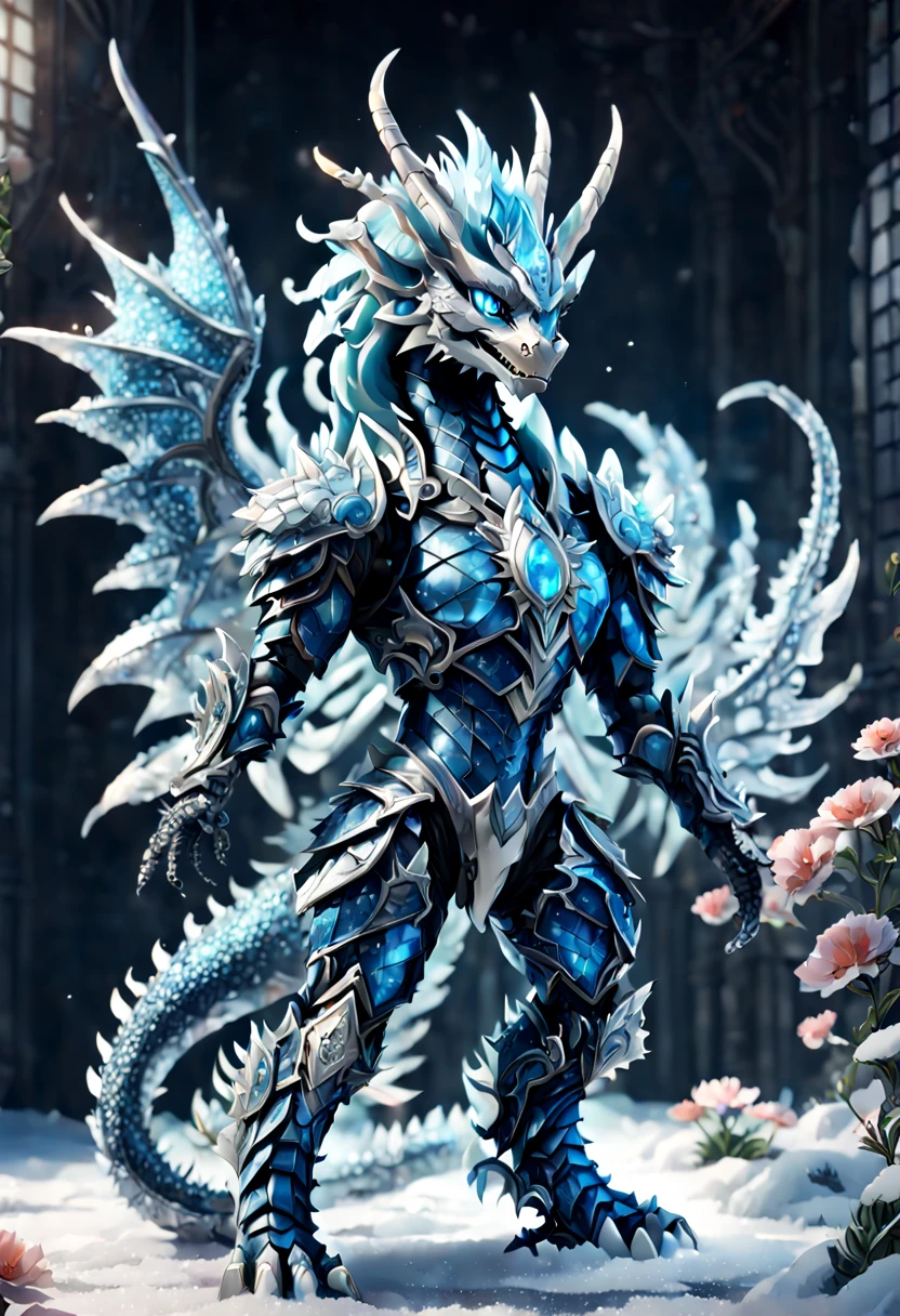 ((personification))，snow style, （Colorful Frost Dragon Warrior from Another World）, Mechanical arm，(Mechanical crystal sword:1.5），The interior shimmers with icy blue and white, full-body shot, thin and long, dark blue eyes, Curly ears, Wearing mechanical armor，F41Arm0rXL, Smile, blooming flowers,Amphibians, octane rendering, Ray tracing, Volumetric lighting, backlight, edge lighting, 8k, high dynamic range, Highly detailed and clean, Beautiful, detailed and complex