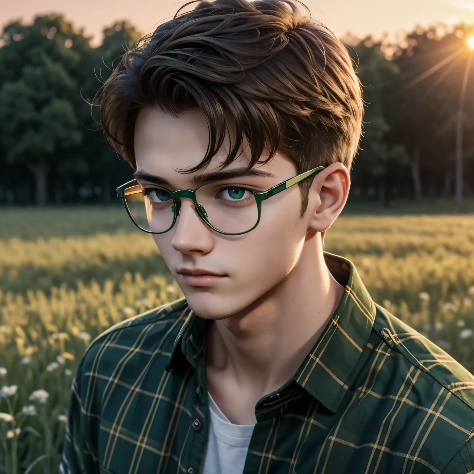 1 boy, 18 years old, mature, handsome, close-up, wearing prescription glasses, wide eyes, impressed, green eyes, green field, 2D, sunset, simple plaid shirt