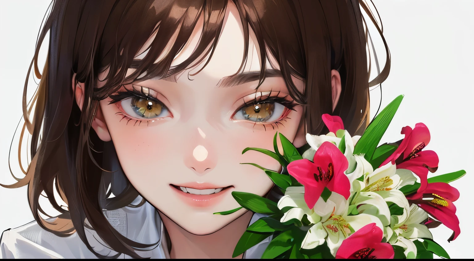 (((1 woman)))、(highest resolution、clear_image)、((holding a bouquet of alstroemeria))), (((white Y-shirt)))、best quality、((perm hair)), (((simple solid color background)))、contrast of light and shadow、((illumination))、very detailed、semi-realistic、brown short hair、mischievous smile、bangs、20-year-old、office　Lady,,young、((View from the front))、delicate facial features facial features、