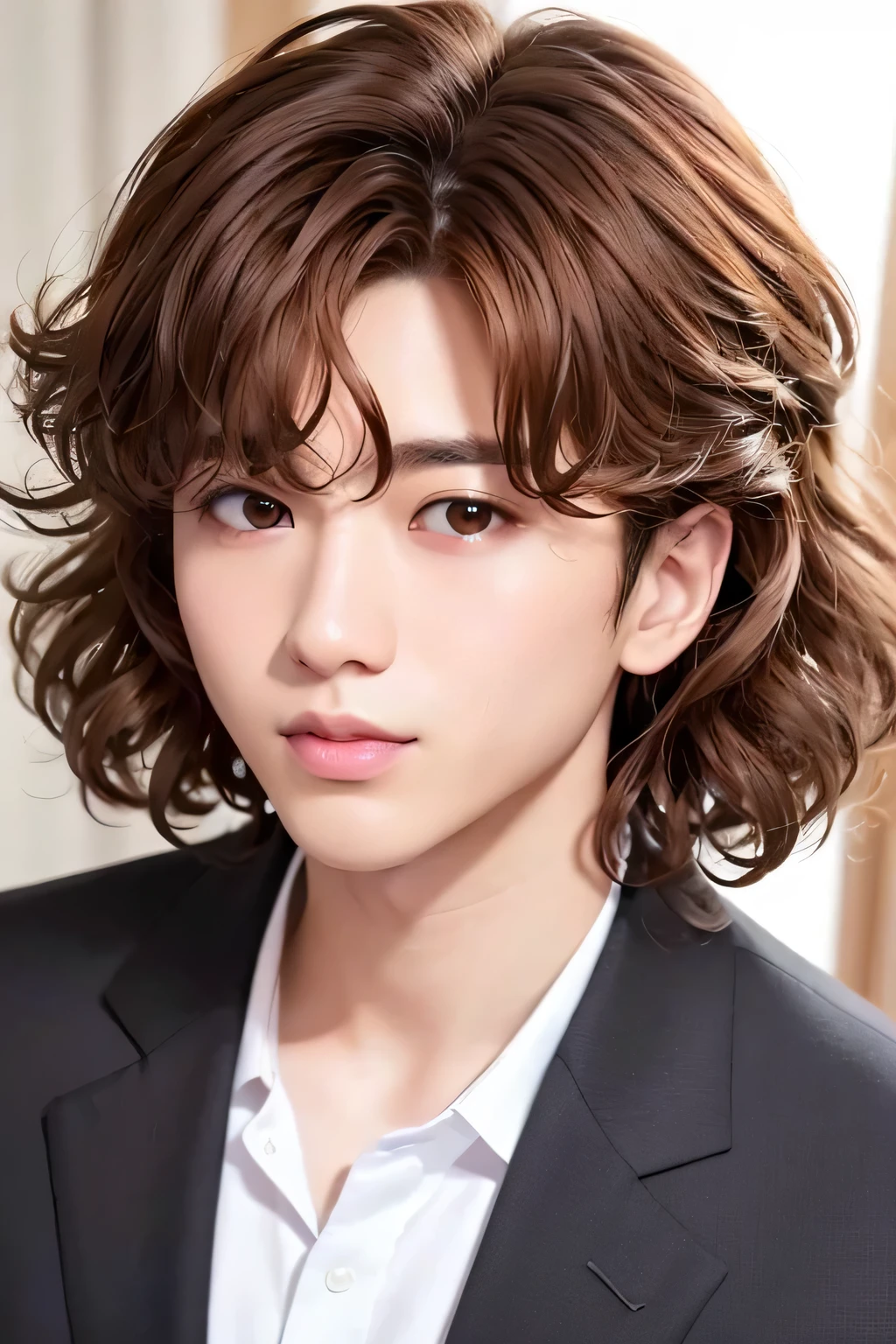 1 person、high quality，masterpiece，4k,、curly perm hair、brown hair、、、(head shot:1.23)、((low illumination ))、