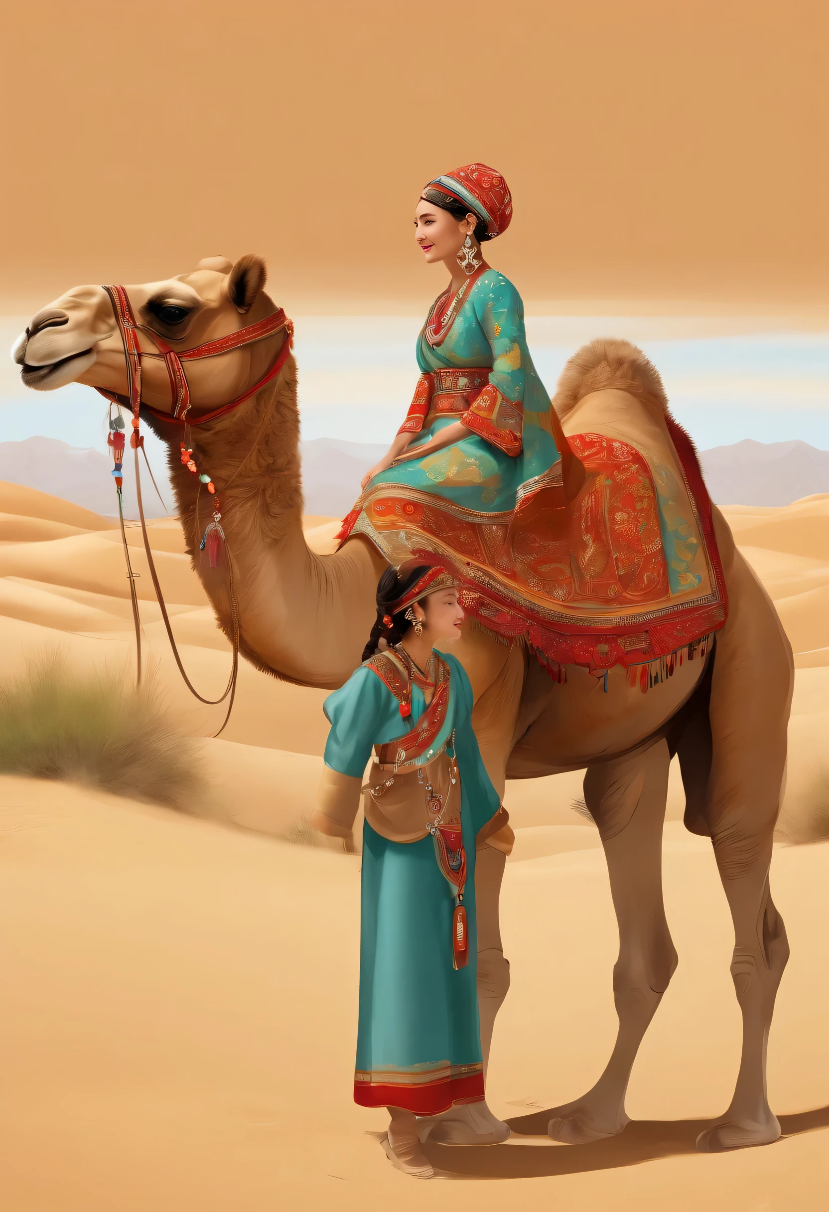 Xinjiang ethnic costumes,nomad,,camel和女子:1.3,camel,(Illustrationism: 1.4), (camel: 1.3), (Exquisite details: 1.2), Exquisite and beautiful details, (Eye details), (facial details), (best quality) :1.4), (super resolution: 1.2),(Very detailed illustrations), best quality, depth of field, wide light, natural shadow