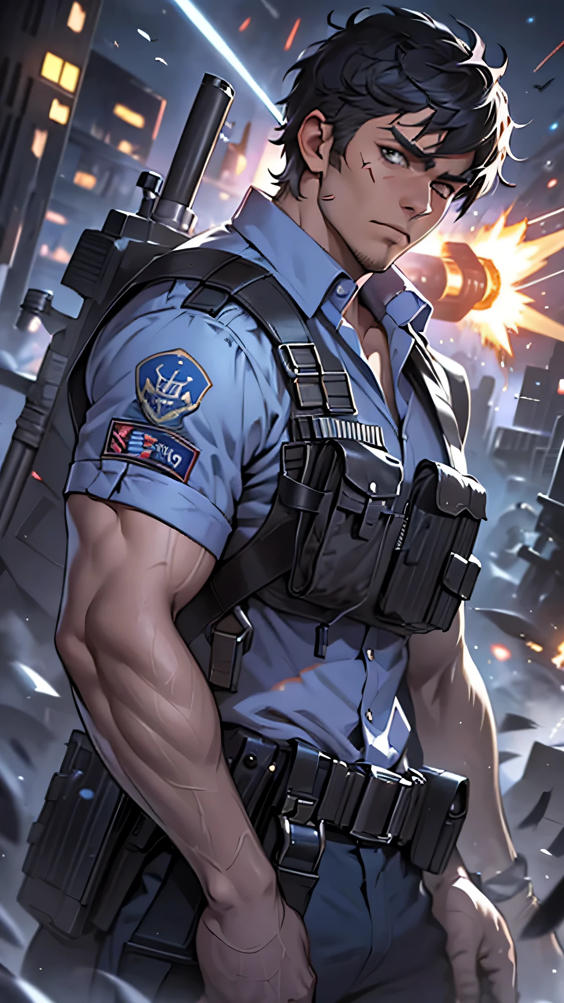 最high quality、best image quality、masterpiece、male person((25 years old、 muscular、Black Short Sleeve T-Shirt、black long pants、black haired、発光するeye、shout、eye、Kiai Pose、Hold an assault rifle、bulletproof vest、shooter(1:3)）high quality、beautiful art、With background((Tattered city、battlefield,big explosion、missile air attack))、table top、elaborate design、visual art