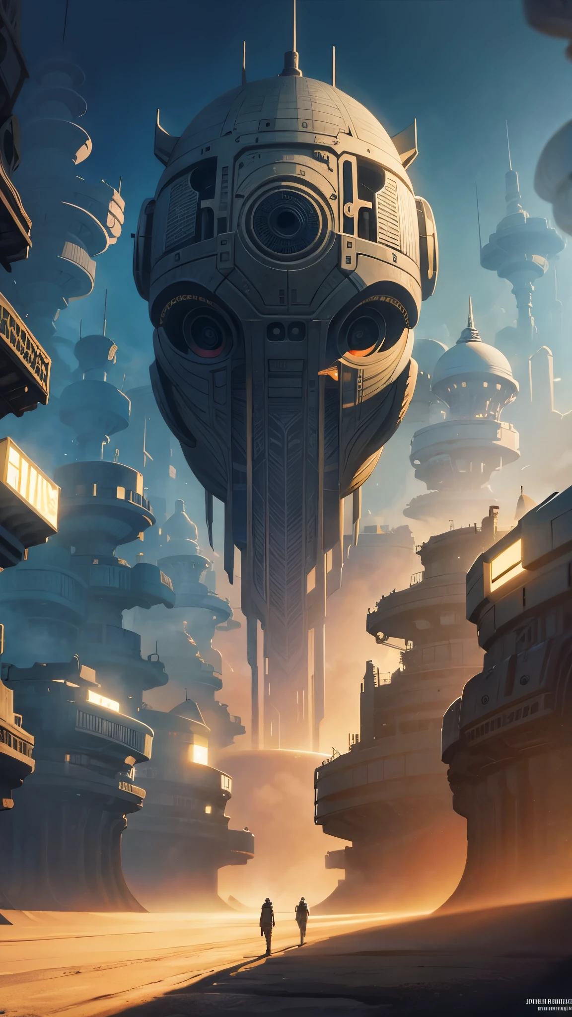 there is a painting of a futuristic city with a giant robot head, jodorowsky's dune, insanely detailed matte painting, peter gric and dan mumford, intricate matte painting, jodorowsky's dune movie, style of john harris, jean giraud 8 k, hyperdetailed matte painting, intricate environments, stunning sci-fi concept art, cgsociety )