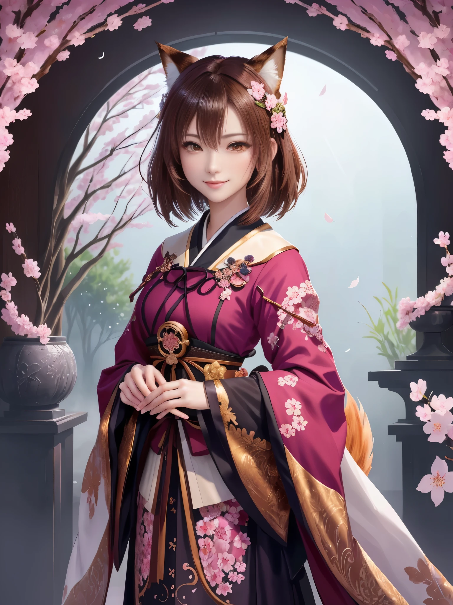 masterpiece , best quality,close up of face,smile,the whole body is facing forward,bright brown hair,slender body shape,brown eyes,sharp contrast,short hair,美しいフォルムのshort hair,just one person,precision quality,Faithfully reproduced eyes, 一面に咲くcherry blossom background,masterpiece, 幻想的なcherry blossom background,cherry blossom background,beautiful details, colorful, delicate details, delicate lips, intricate details, genuine, ultrargenuineista, 枝に座っている色とりどりの髪のFoxを持つ女の子:Mature, bright eyes, ,色とりどりのFox, raposa de nine tails, 三尾Fox, 三尾Fox, onmyoji detail art, beautiful fine art illustration, mythical creatures, Fox, beautiful digital art,shrine maiden,hold hands,exquisite digital illustration, mizutsune, Inspired by mythical wild web creatures, pixiv in digital art, shining light, high contrast, Mysterious,