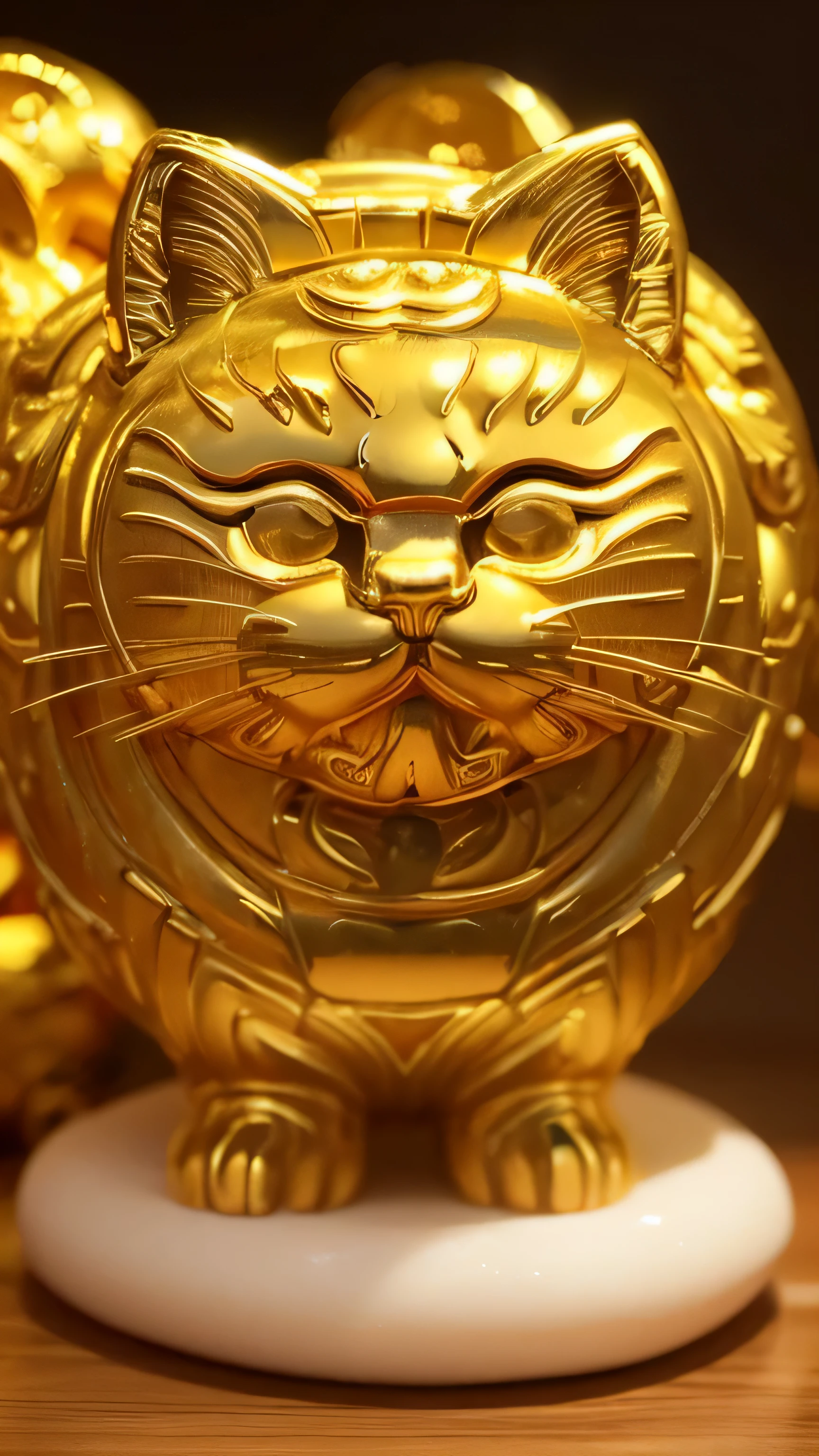 ((beckoning cat)),beckoning cat, masterpiece, highest quality, 8k, High resolution, photograph, film grain, chromatic aberration, HDR, dynamic lighting,((View from the front)), ((faced the front)), sparkling background, (golden背景:1.4), most detailed, very detailed, Super detailed, finely, (big pupil, realistic student:0.8), ((look forward)), ((whole body)),black eye, golden, ((goldenbeckoning cat))
