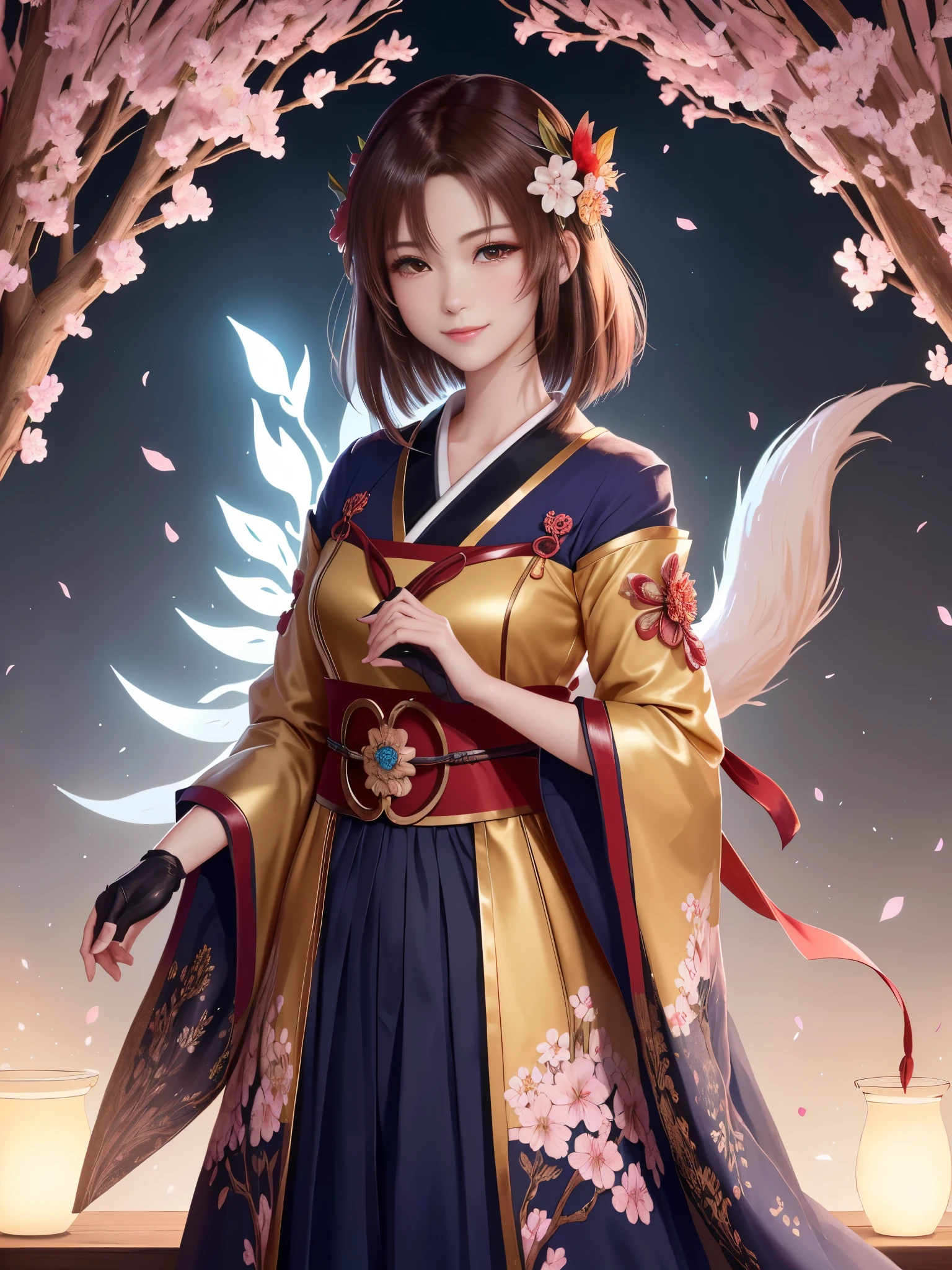 masterpiece , best quality,close up of face,smile,the whole body is facing forward,bright brown hair,slender body shape,brown eyes,sharp contrast,short hair,美しいフォルムのshort hair,just one person,precision quality,Faithfully reproduced eyes, 一面に咲くcherry blossom background,masterpiece, 幻想的なcherry blossom background,cherry blossom background,beautiful details, colorful, delicate details, delicate lips, intricate details, genuine, ultrargenuineista, 枝に座っている色とりどりの髪のFoxを持つ女の子:Mature, bright eyes, ,色とりどりのFox, raposa de nine tails, 三尾Fox, 三尾Fox, onmyoji detail art, beautiful fine art illustration, mythical creatures, Fox, beautiful digital art,shrine maiden,hold hands,exquisite digital illustration, mizutsune, Inspired by mythical wild web creatures, pixiv in digital art, shining light, high contrast, Mysterious,
