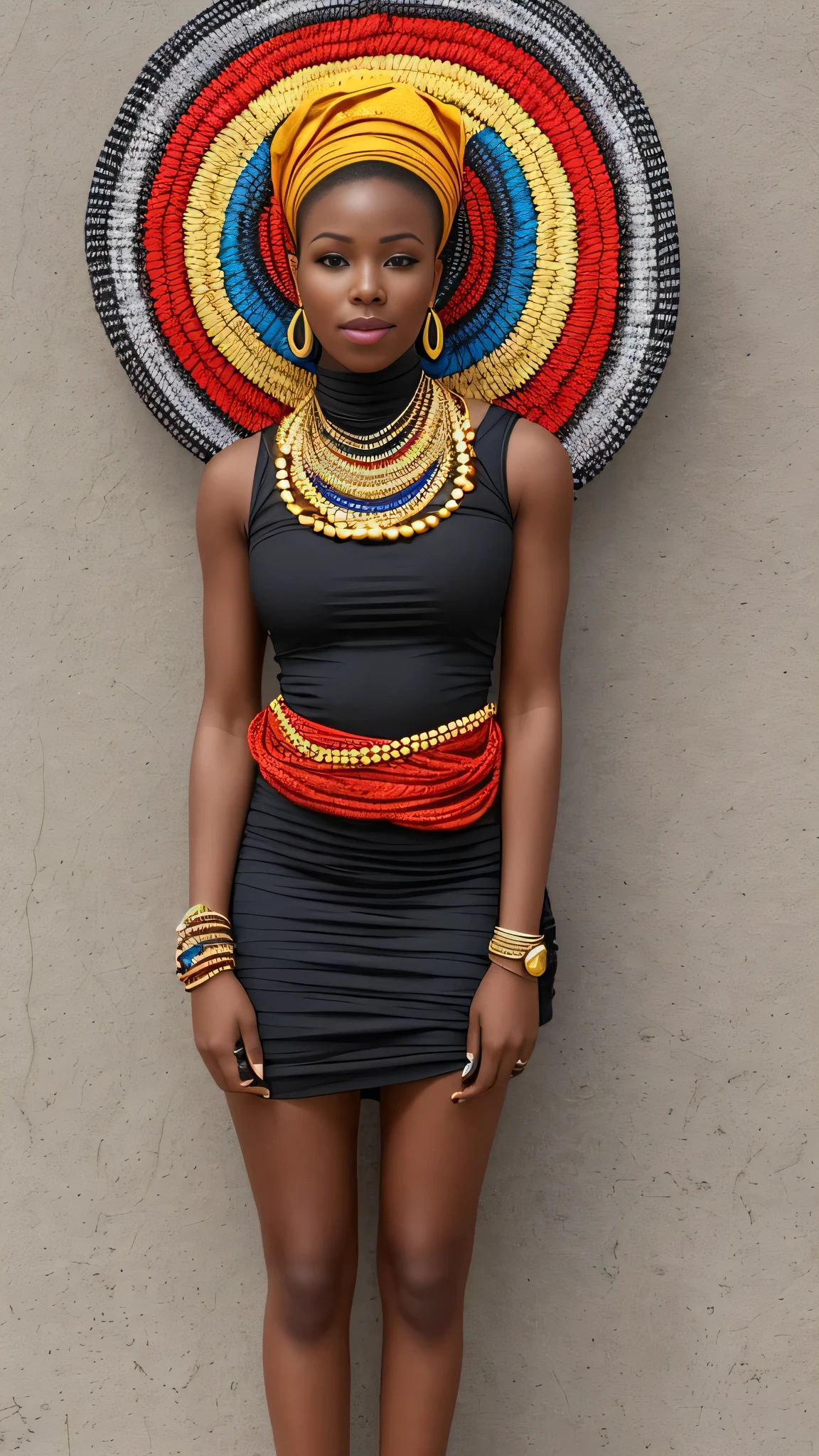 full body shot, good face, good hand, best quality, a close-up of a woman with a necklace and earrings, intricate African jewellery, stunning African princess, African woman, African, black African princess, dark skin female goddess of love, gorgeous woman, vibrant hues, colorful adornments, photo of a black woman, inspired by Ras Akyem, African arts 