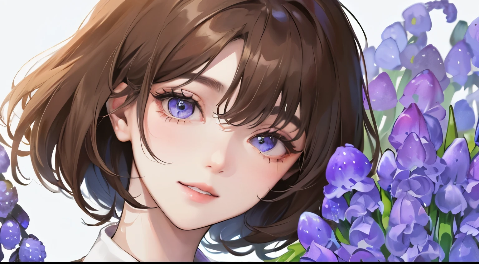 (((1 woman)))、(highest resolution、clear_image)、((holding a bouquet of muscari))), (((white Y-shirt)))、best quality、((perm hair)), (((simple solid color background)))、contrast of light and shadow、((illumination))、very detailed、semi-realistic、brown short hair、mischievous smile、bangs、20-year-old、office Lady,,young、((View from the front))、delicate facial features facial features、