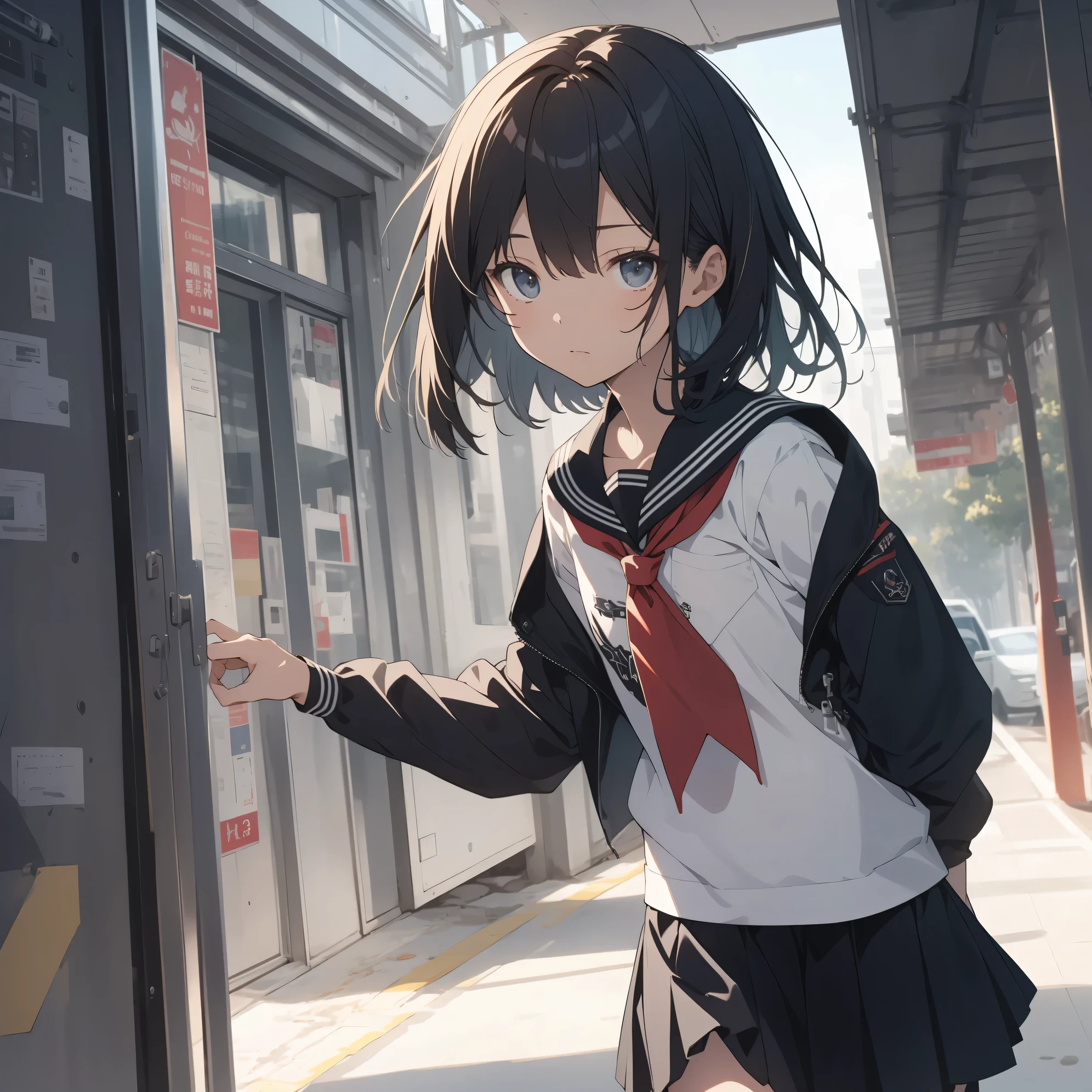 Anime girl in uniform standing in front of a door - SeaArt AI