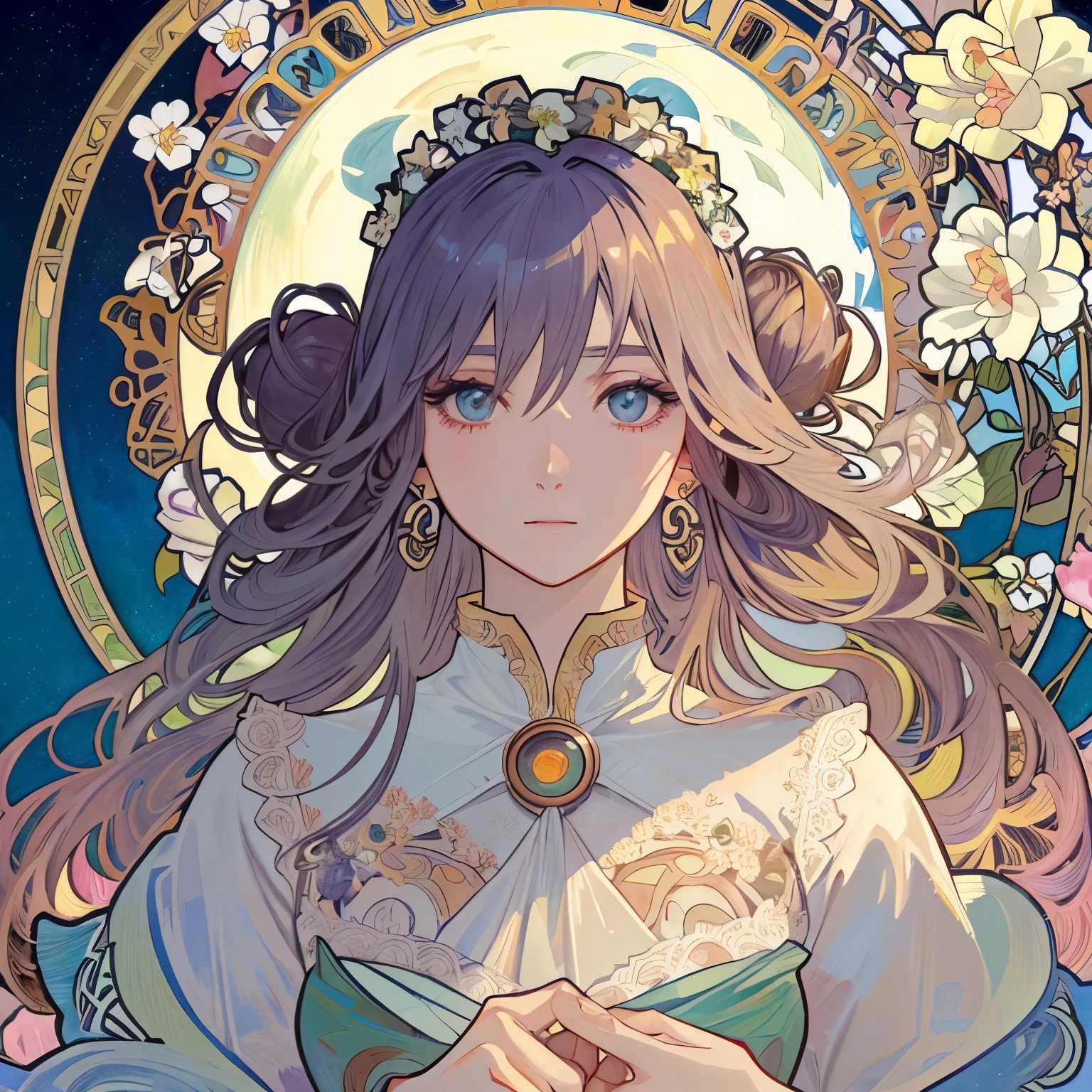 1 beautiful woman、(masterpiece、最high quality、最high quality、beautiful and aesthetic:1.2)、delicate earrings、flowers in full bloom、dynamic、shining eyes、colorful hair、Gradation、super detailed intricate details, unreal engine, wonderful, intricate details, complementary color, realistic concept art, 8K resolution, 逸脱のmasterpiece、(((Alphonse Mucha)))、fluttering hair、(((There are many flowers in the frame)))、dancing petals、(((many plum blossoms)))、(((Round frame)))、flower decoration on head、In the form of tarot cards、chignon,bun hair、Anime aesthetic style,32k ultra hd,I blinked and missed the details.,Beautiful characters inspired by anime,Beige and Aquamarine,close-up of,magnificent composition,ultra high resolution,high quality,official art,uniform 8k wallpaper,32K,moon,waste,plant、Beautiful lace dresses