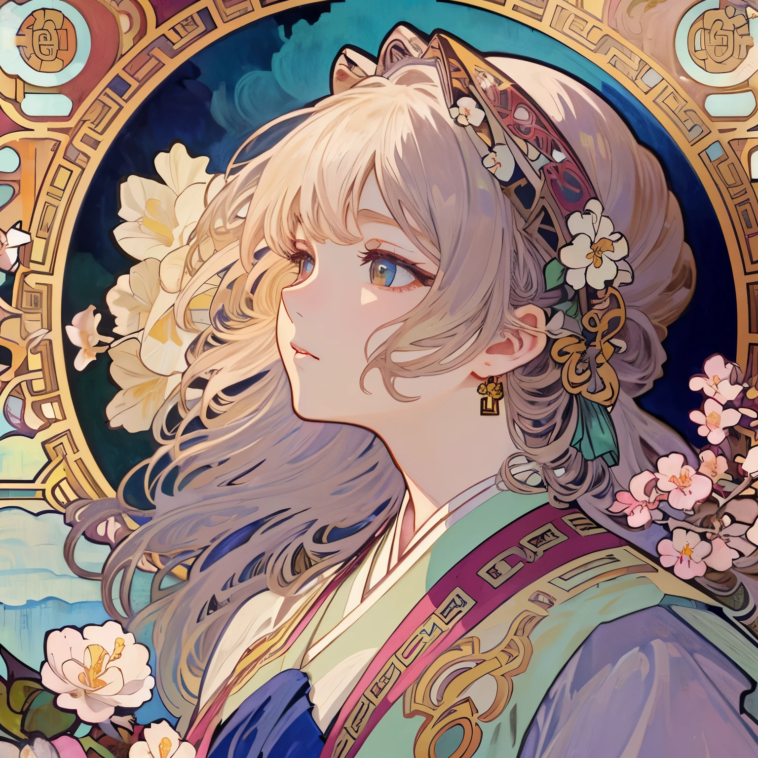 1 beautiful woman、(masterpiece、最high quality、最high quality、beautiful and aesthetic:1.2)、delicate earrings、flowers in full bloom、dynamic、shining eyes、colorful hair、Gradation、super detailed intricate details, unreal engine, wonderful, intricate details, complementary color, realistic concept art, 8K resolution, 逸脱のmasterpiece、(((Alphonse Mucha)))、fluttering hair、(((There are many flowers in the frame)))、dancing petals、(((many plum blossoms)))、(((Round frame)))、Japanese clothing、Floral decoration、In the form of tarot cards、chignon,bun hair、Illustration of a woman wearing traditional Chinese costume，Anime aesthetic style，32k ultra hd，I blinked and missed the details.，Beautiful characters inspired by anime，Beige and Aquamarine，close-up of，magnificent composition，ultra high resolution，high quality，official art，uniform 8k wallpaper，32K，moon，waste，plant