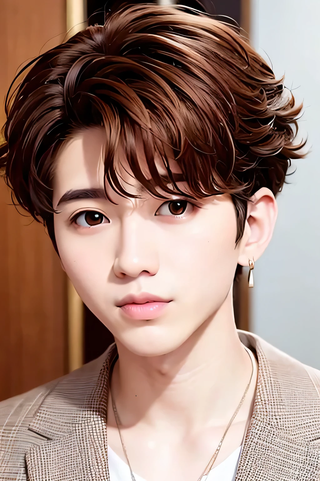 1 person、high quality，masterpiece，4k,、curly perm hair、Shorthair and brown hair、earrings、、(head shot:1.23)、((low illumination ))、
