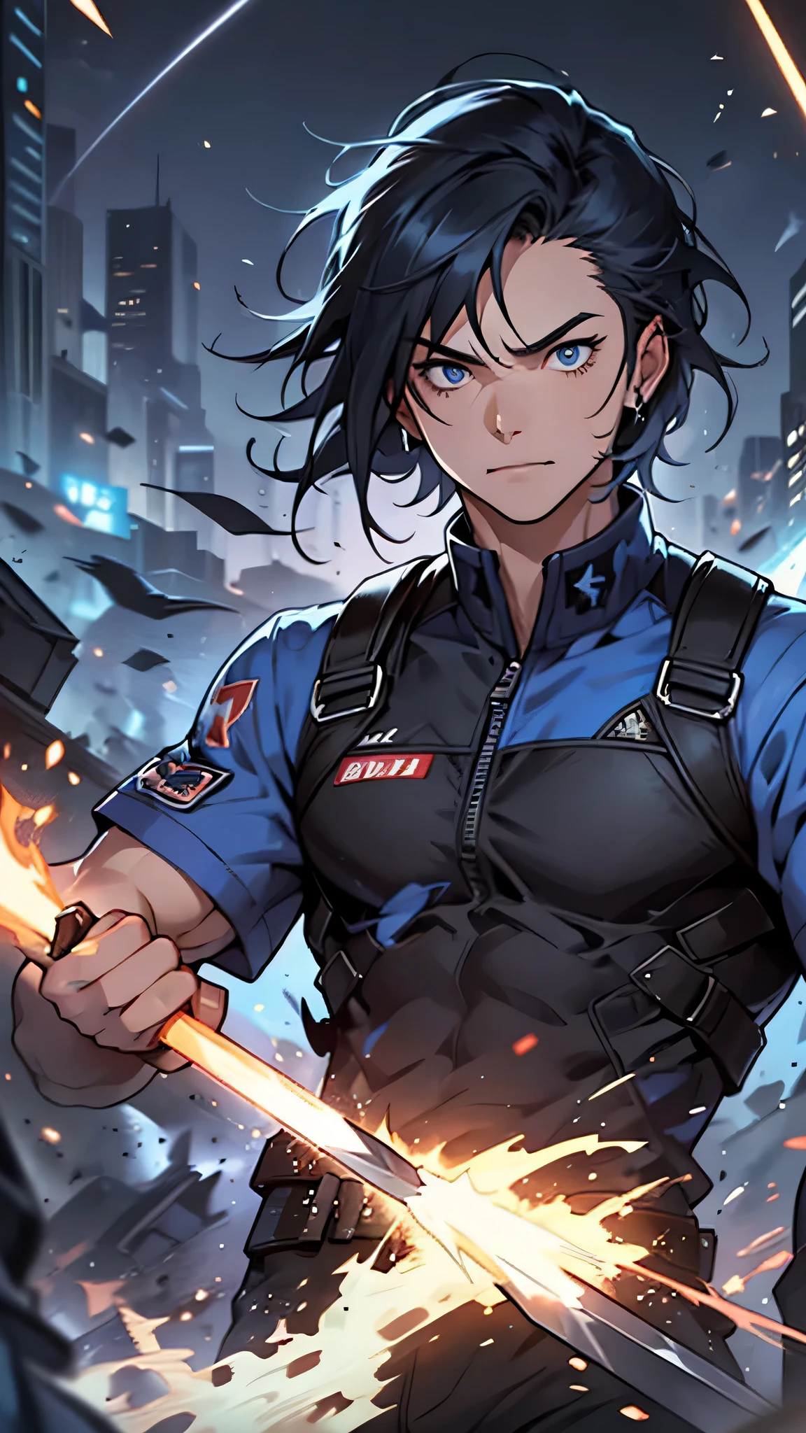 最high quality、best image quality、masterpiece、male person((25 years old、 muscular、Black Short Sleeve T-Shirt、black long pants、black haired、発光するeye、shout、eye、Kiai Pose、Hold a Japanese sword、bulletproof vest)）high quality、beautiful art、With background((Tattered city、battlefield,big explosion、missile air attack))、table top、elaborate design、visual art