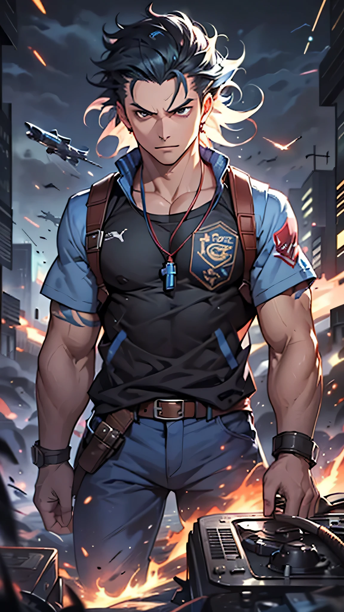 最high quality、best image quality、masterpiece、male person((25 years old、 muscular、Black Short Sleeve T-Shirt、black long pants、black haired、発光するeye、shout、eye、Kiai Pose、Hold a Japanese sword、bulletproof vest))high quality、beautiful art、With background((Tattered city、battlefield,big explosion、missile air attack))、table top、elaborate design、visual art