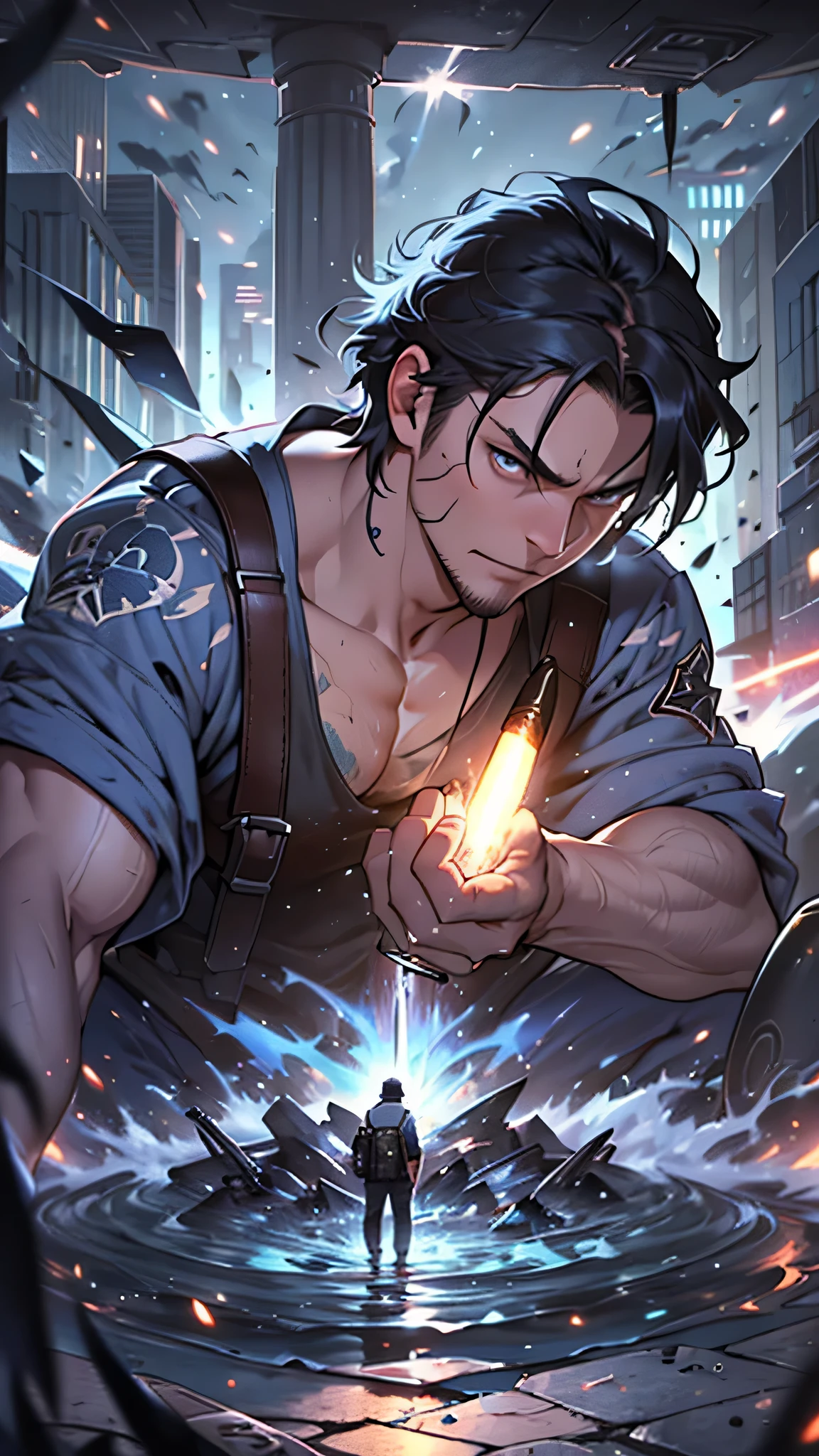 最high quality、best image quality、masterpiece、male person((25 years old、 muscular、Black Short Sleeve T-Shirt、black long pants、black haired、発光するeye、shout、eye、Kiai Pose、Hold a Japanese sword、bulletproof vest))high quality、beautiful art、With background((Tattered city、battlefield,big explosion、missile air attack))、table top、elaborate design、visual art