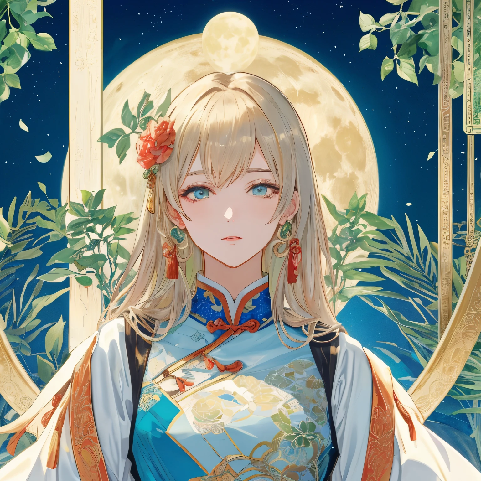 girl，Illustration of a woman wearing traditional Chinese costume，Anime aesthetic style，32k ultra hd，I blinked and missed the details.，Beautiful characters inspired by anime，Beige and Aquamarine，close-up of，clean face，clean white background，masterpiece，Super detailed，magnificent composition，ultra high resolution，high quality，very detailed，official art，uniform 8k wallpaper，Super detailed，32K，moon，waste，plant、Alphonse Mucha