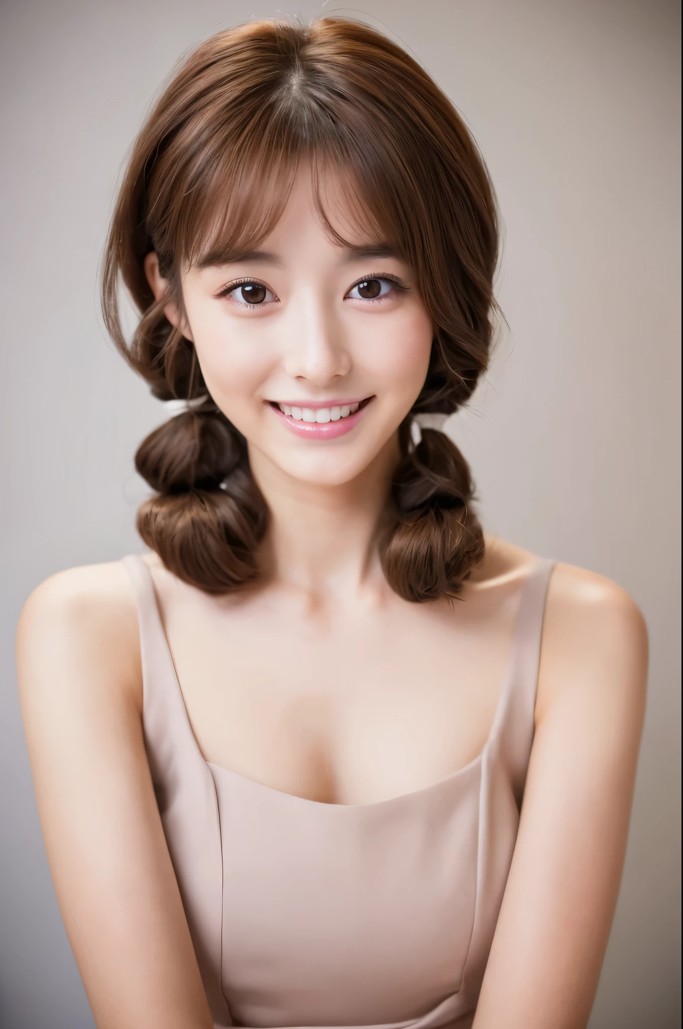 ((top-quality, 8K, masterpiece:1.3)), Beautiful 20 year old girl with perfect body shape, J-pop Idol Face, Slim Abs Beauty:1.3, (Hairstyles Brown Hair Shortcuts), dress:1.1, Super fine face, Delicate eyes, A smile with shame, Raw photo