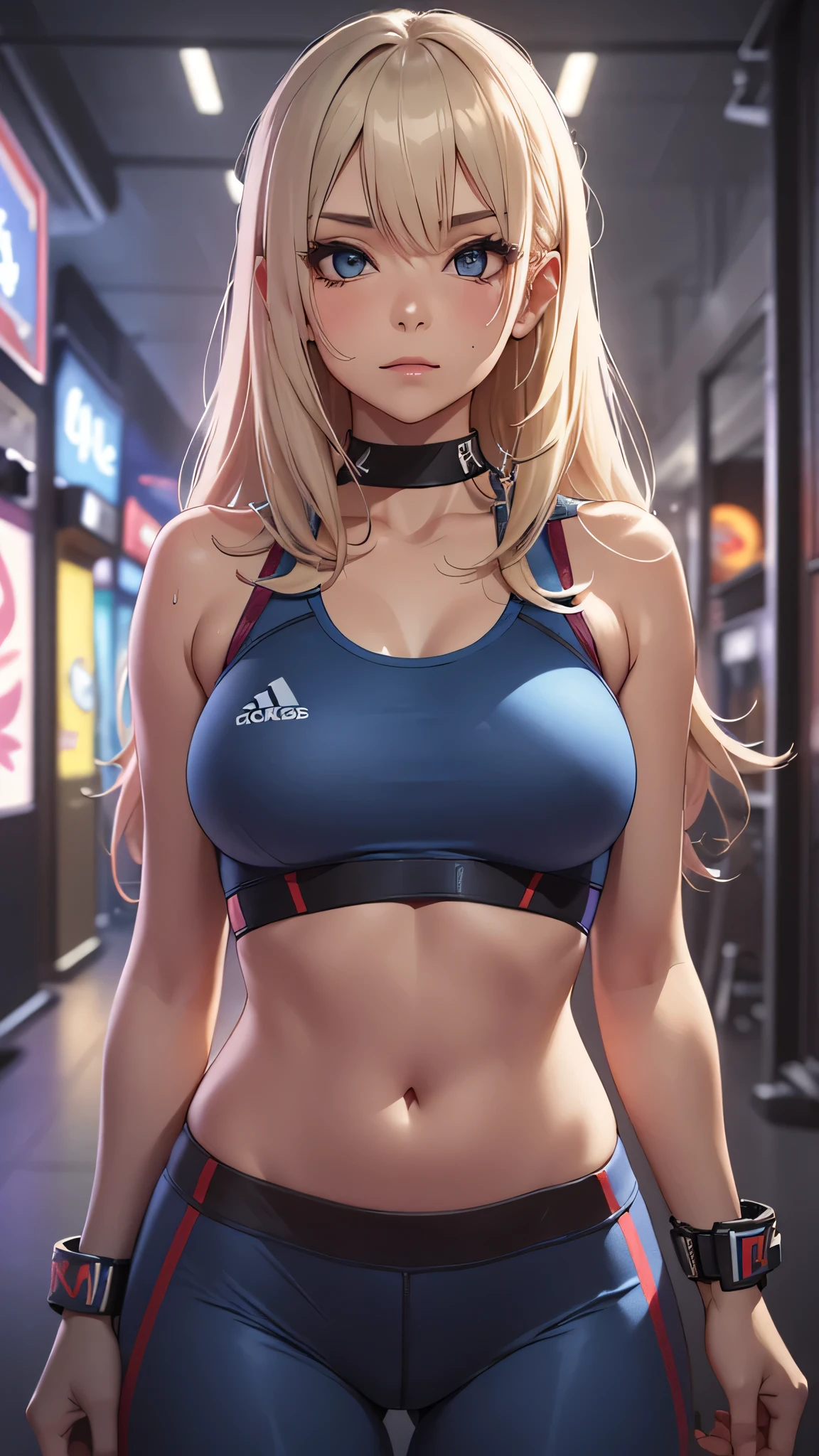 最high quality、best image quality、masterpiece、age girl((20-year-old、 By becoming、vest bust、medium bust,wide open breast tea、black eye, blonde hair、long hair、thin,highest valley、blue sports bra(1:2)、Blue sports pants、sweating、scattering of sweat、Flushed body、- And--Uppose、sexy)),high quality、beautiful art、background((arcade))debris flies、Depth of written boundary、movie、visual art、perfect art、8k,genuine、