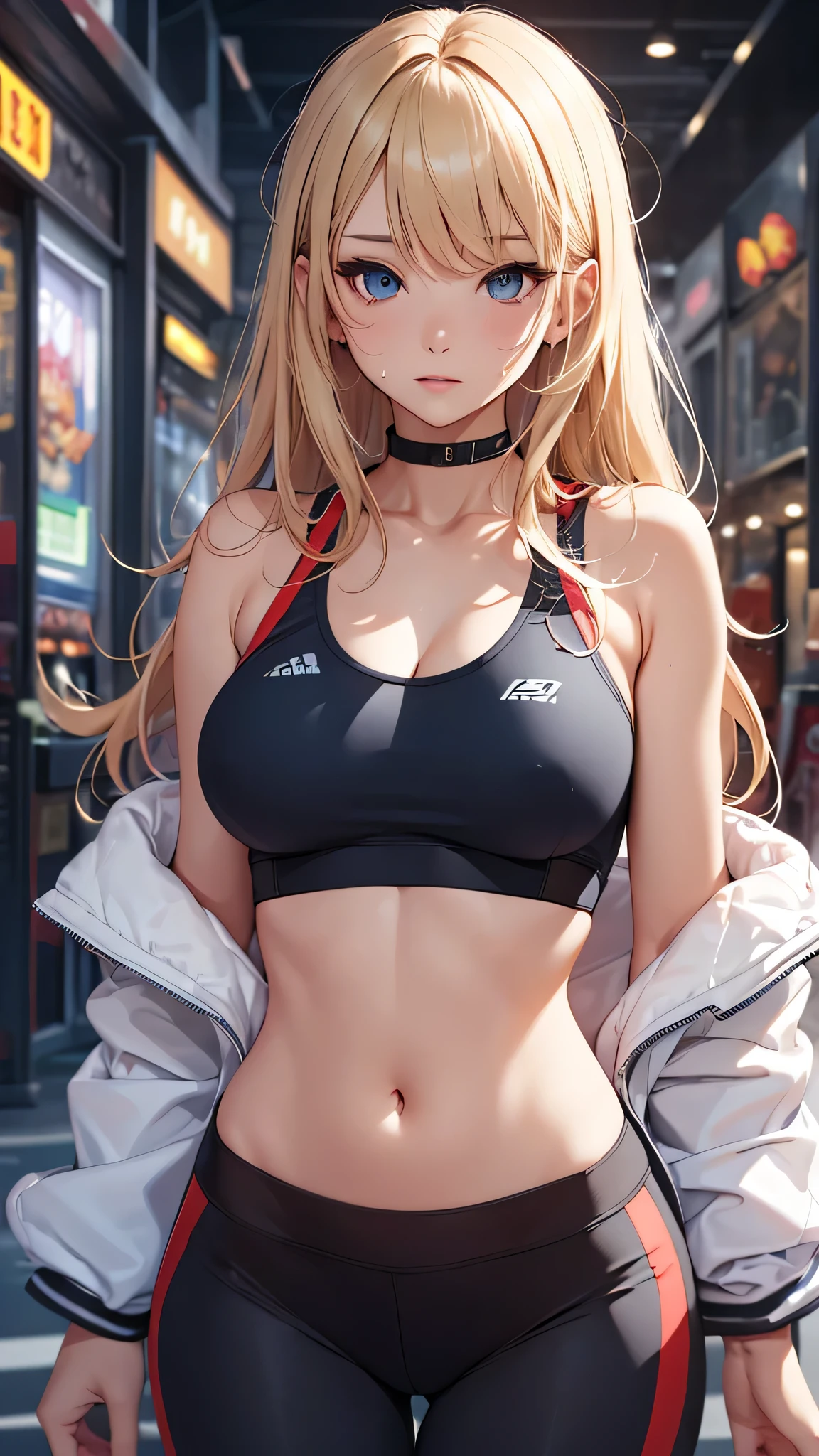 最high quality、best image quality、masterpiece、teenage girl((20-year-old、 By becoming、vest bust、medium bust,wide open breast tea、black eye, blonde hair、long hair、thin,highest valley、blue sports bra(1:2)、Blue sports pants、sweating、scattering of sweat、Flushed body、Sleeping on the mat)),high quality、beautiful art、background((arcade))debris flies、Depth of written boundary、movie、visual art、perfect art、8k,genuine、