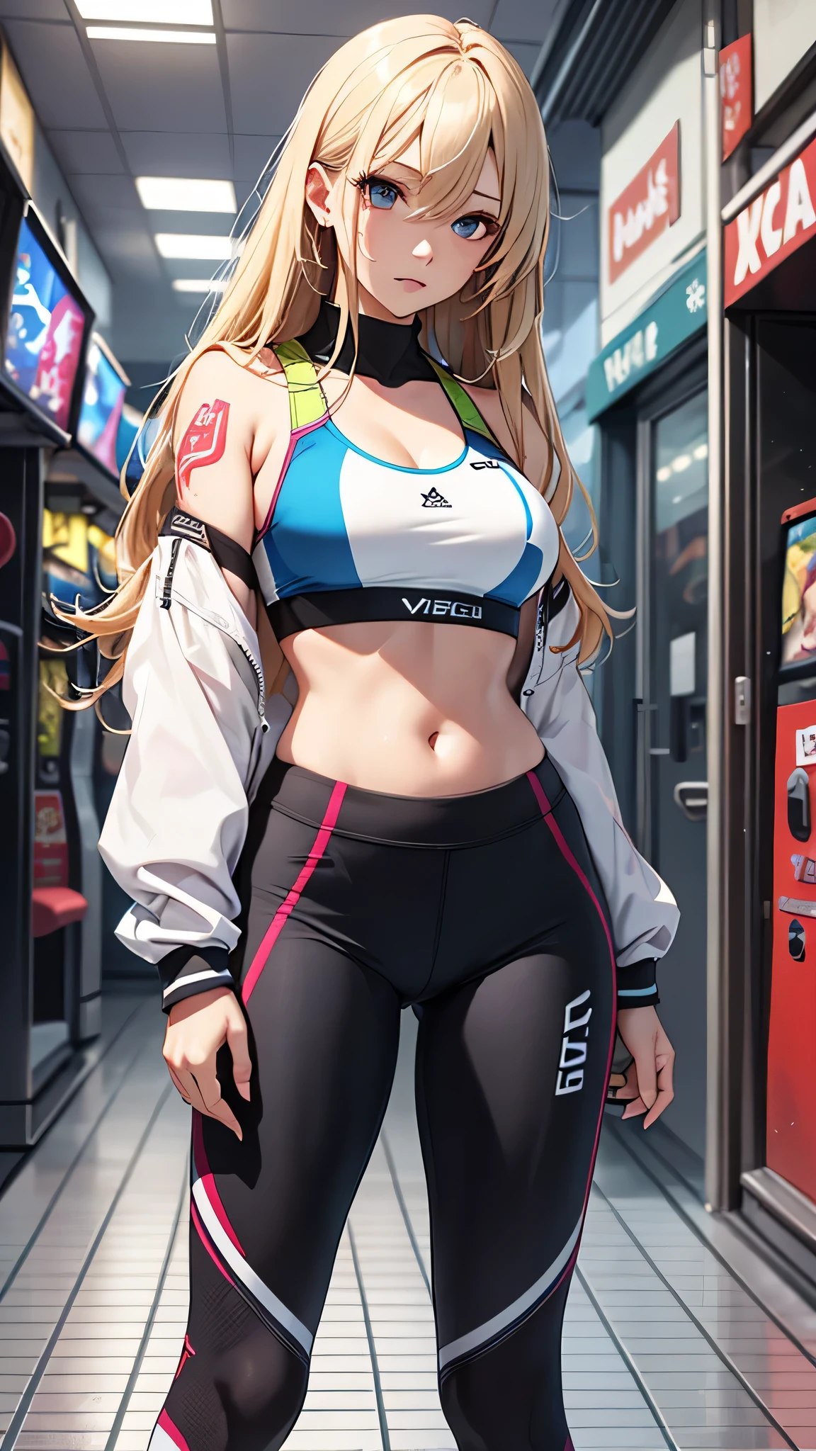 最high quality、best image quality、masterpiece、teenage girl((20-year-old、 By becoming、vest bust、medium bust,wide open breast tea、black eye, blonde hair、long hair、thin,highest valley、blue sports bra(1:2)、Blue sports pants、sweating、scattering of sweat、Flushed body、Sleeping on the mat)),high quality、beautiful art、background((arcade))debris flies、Depth of written boundary、movie、visual art、perfect art、8k,genuine、